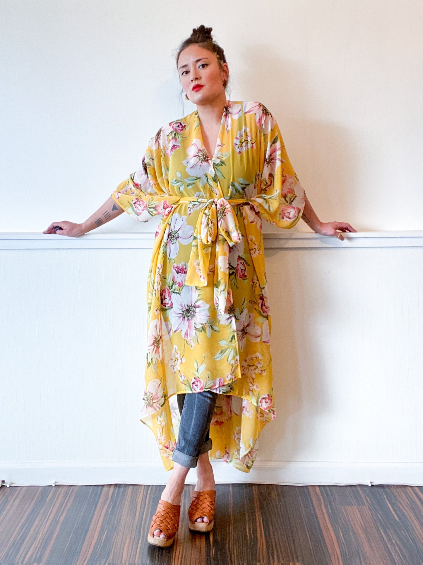 Print High Low Kimono Goldenrod Floral Chiffon