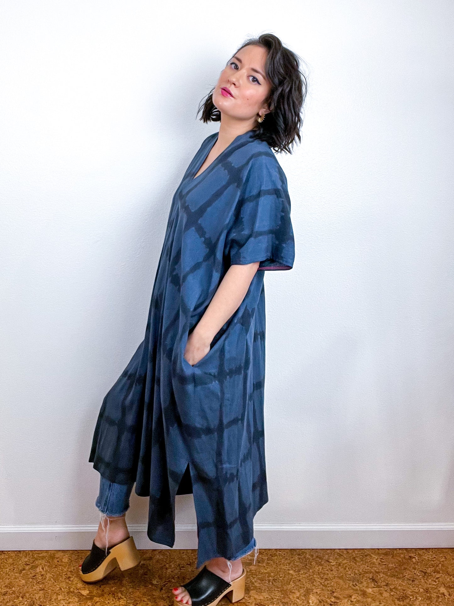 Hand-Dyed Midi Smock Dress Navy Black Windowpane