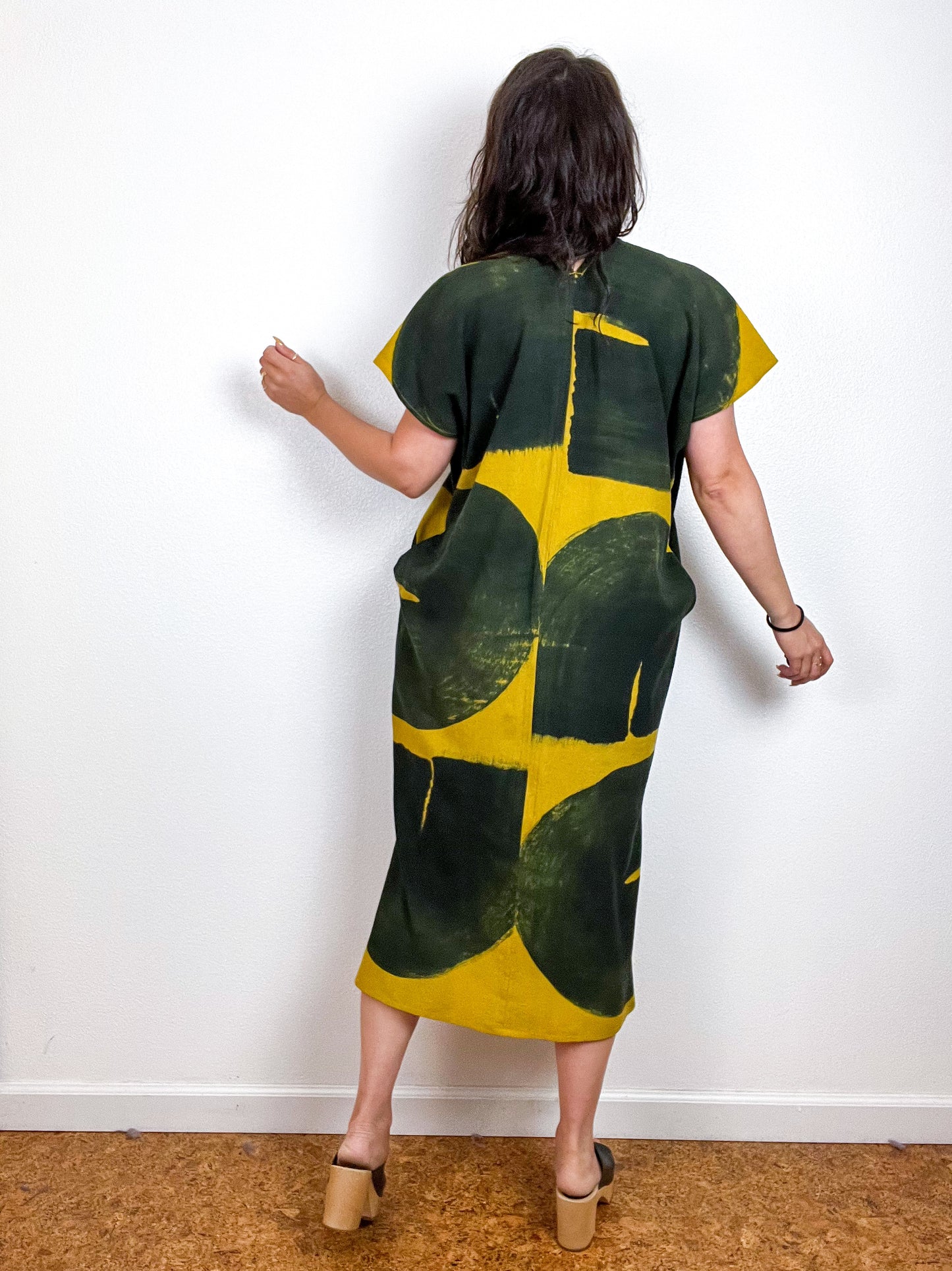 Hand-Dyed Midi Smock Dress Brass Black Brush