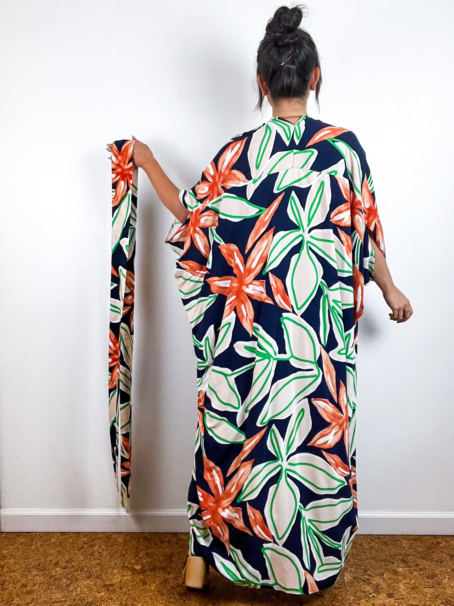 Print High Low Kimono Navy Green Rust Large Floral Challis
