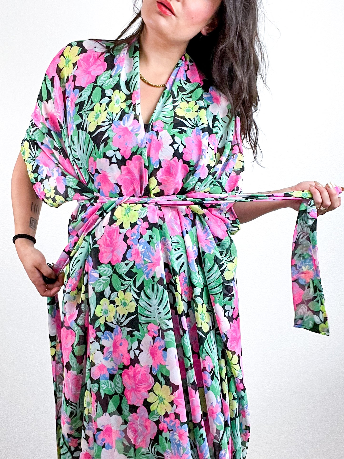 Print High Low Kimono Black Neon Floral Chiffon