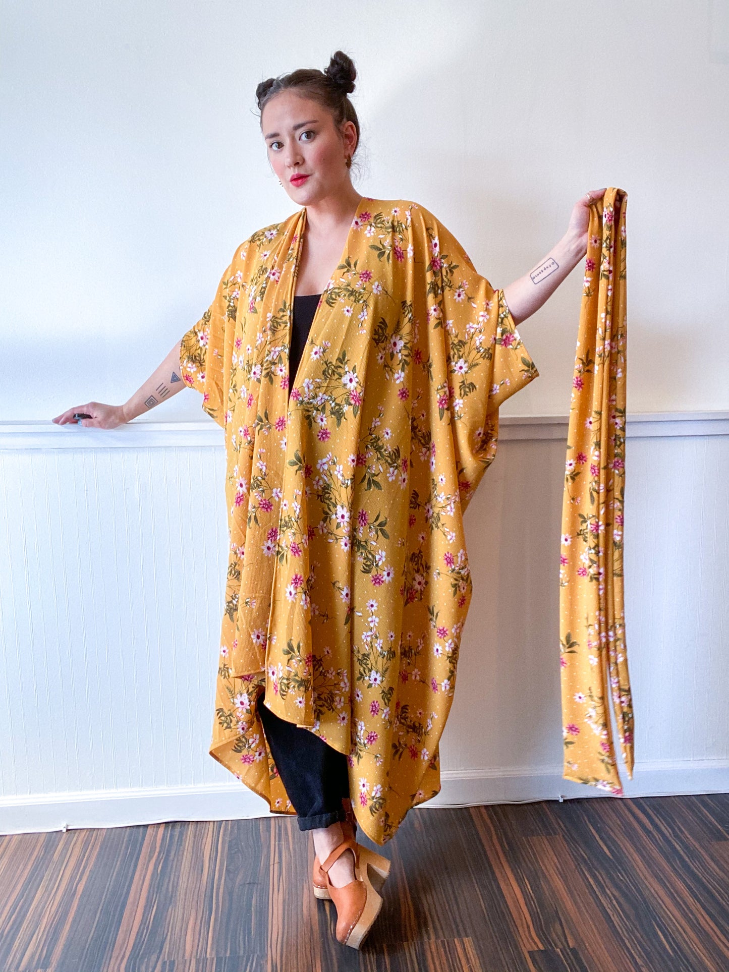 High Low Kimono Mustard Mini Floral Bubble Crepe