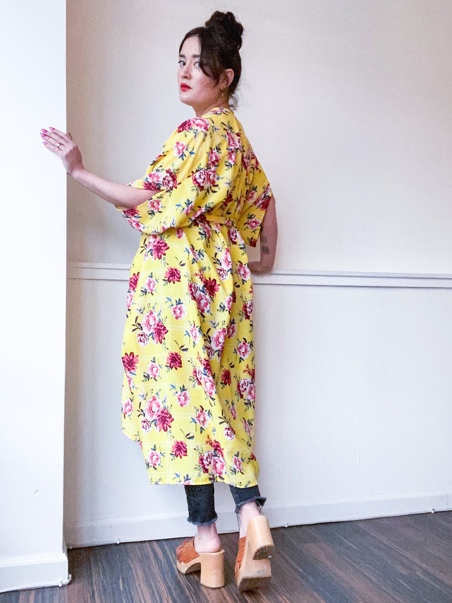 Print High Low Kimono Yellow Grid Floral Rayon Challis