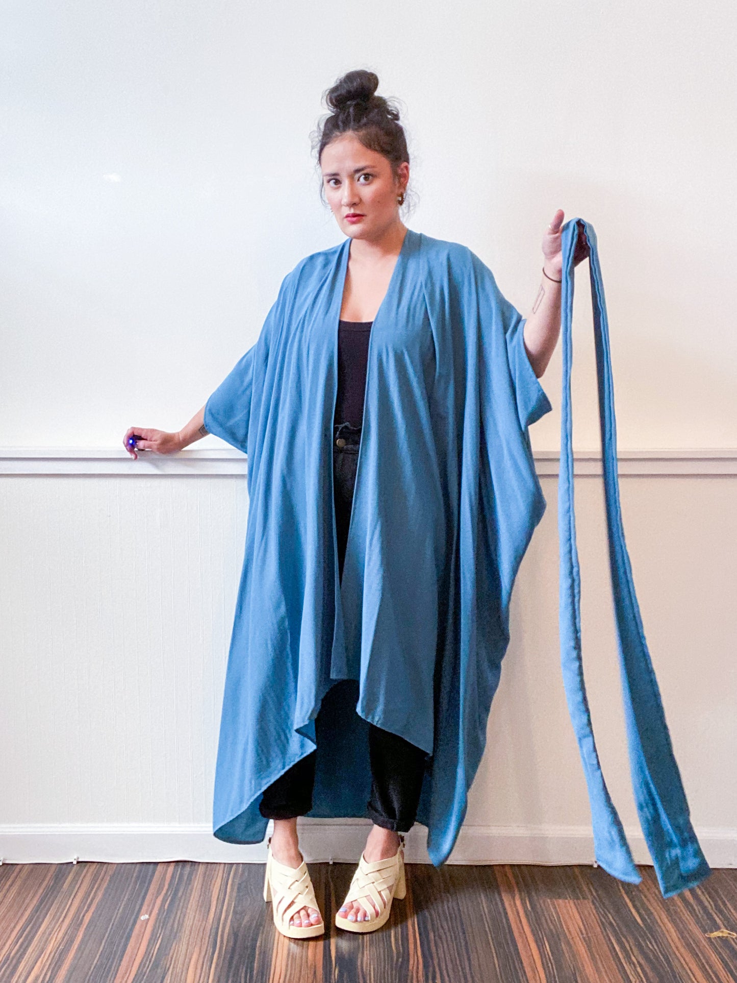 Solid High Low Kimono Dusty Teal Rayon Challis