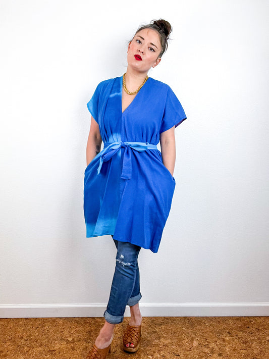 Single Gauze Mini Caftan Dress Turquoise Royal Brushstrokes