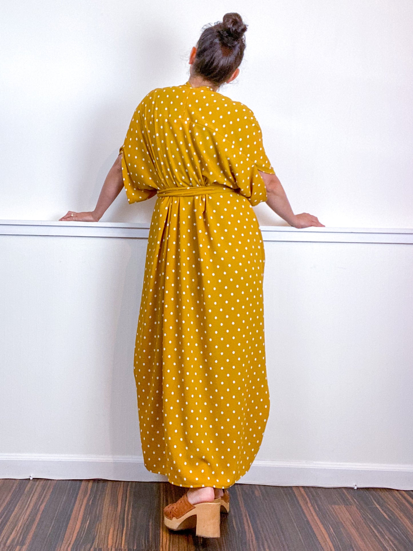 Print High Low Kimono Marigold Polka Dots Bubble Crepe