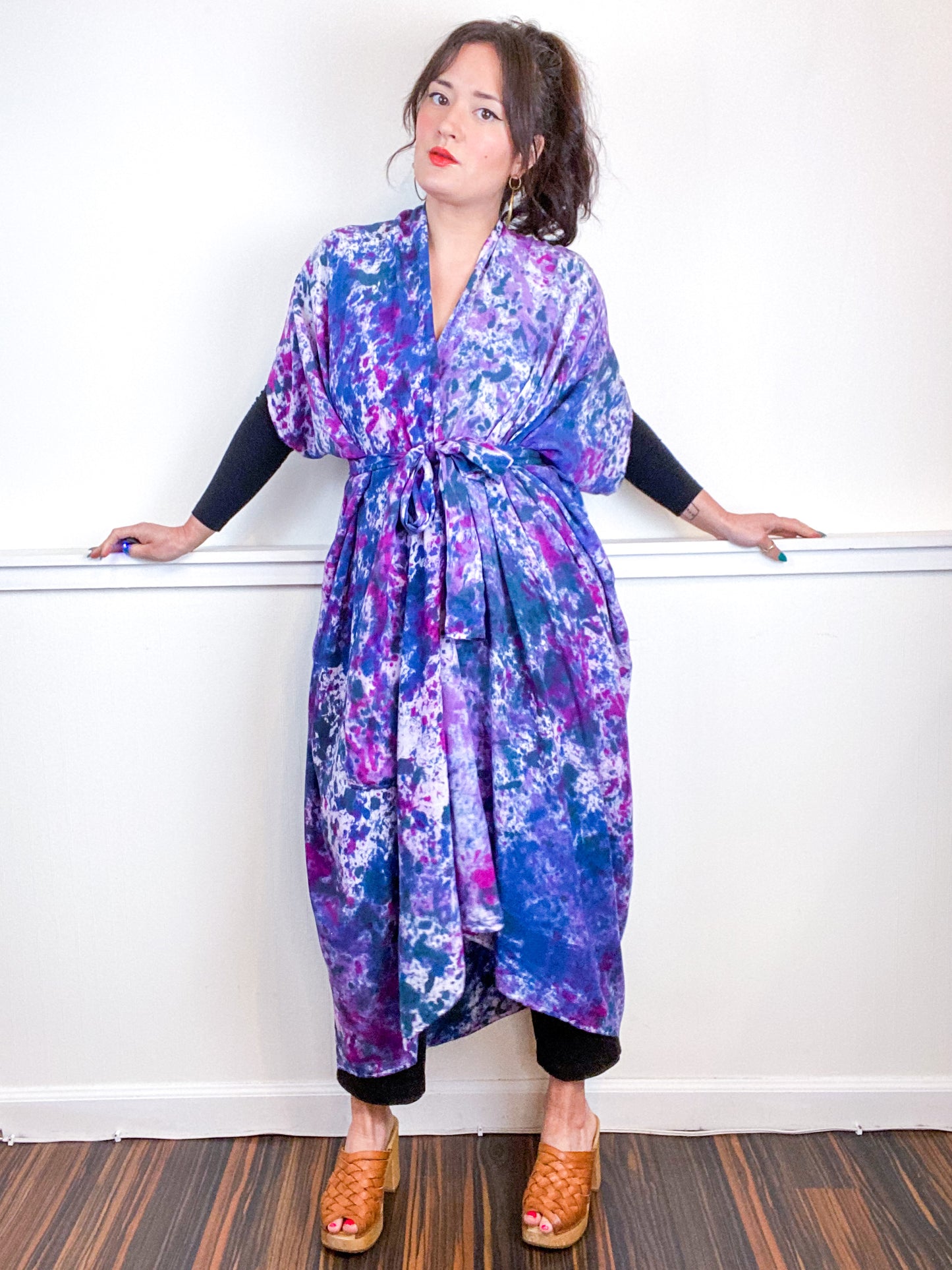 Hand-Dyed High Low Kimono Amethyst Orchid Indigo Teal Speckle