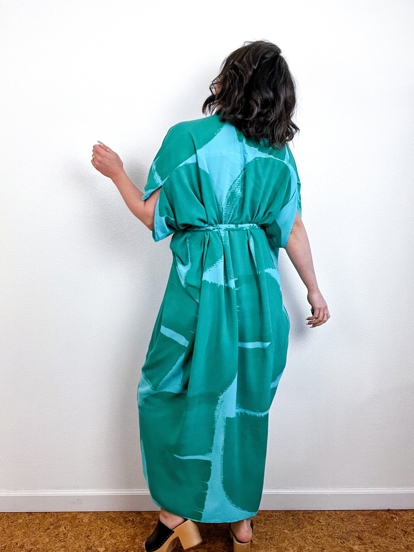 Hand-Dyed High Low Kimono Turquoise Teal Brushstroke