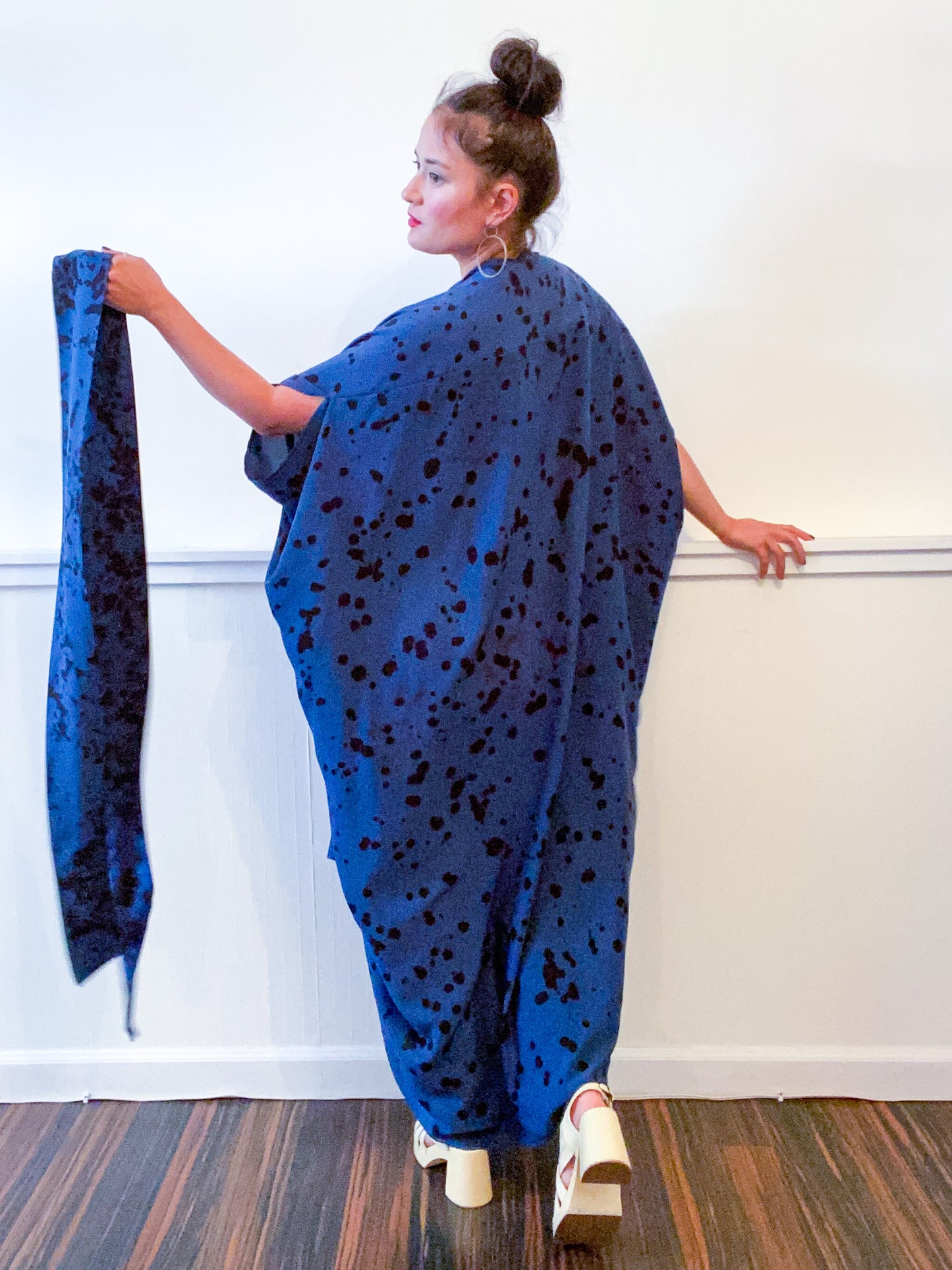 Hand-Dyed High Low Kimono Navy Black Pink Drops