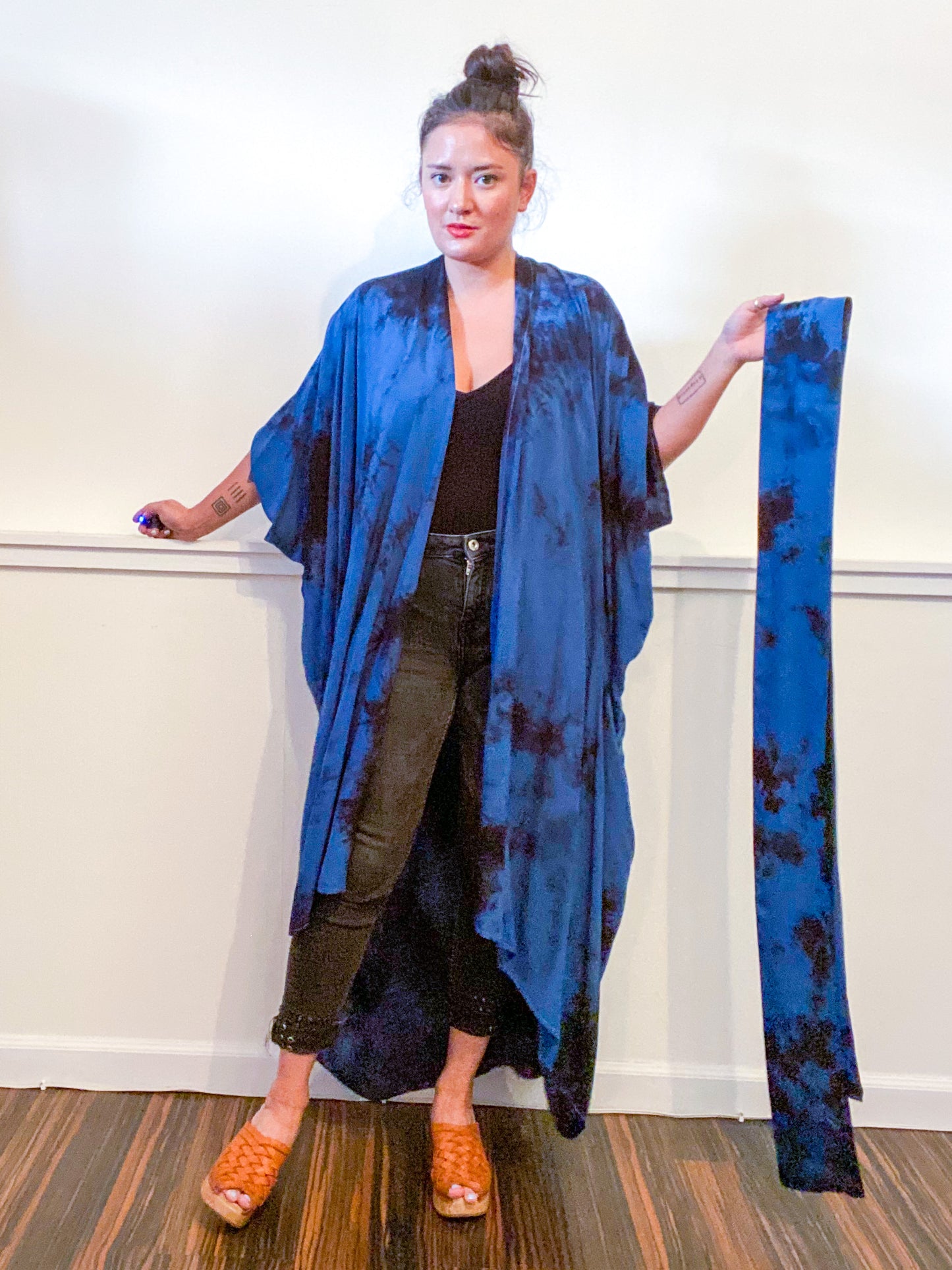 Hand-Dyed High Low Kimono Royal Blue Black Overdye