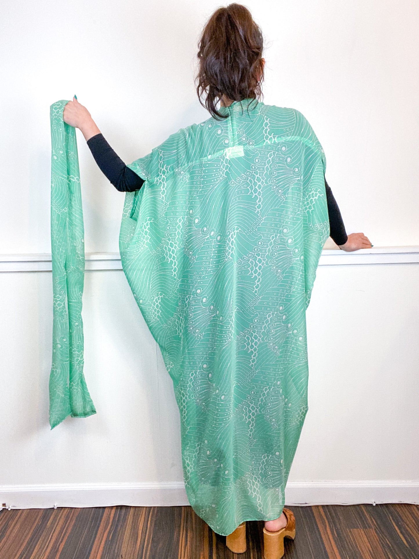 Print High Low Kimono Mint Swirl Chiffon