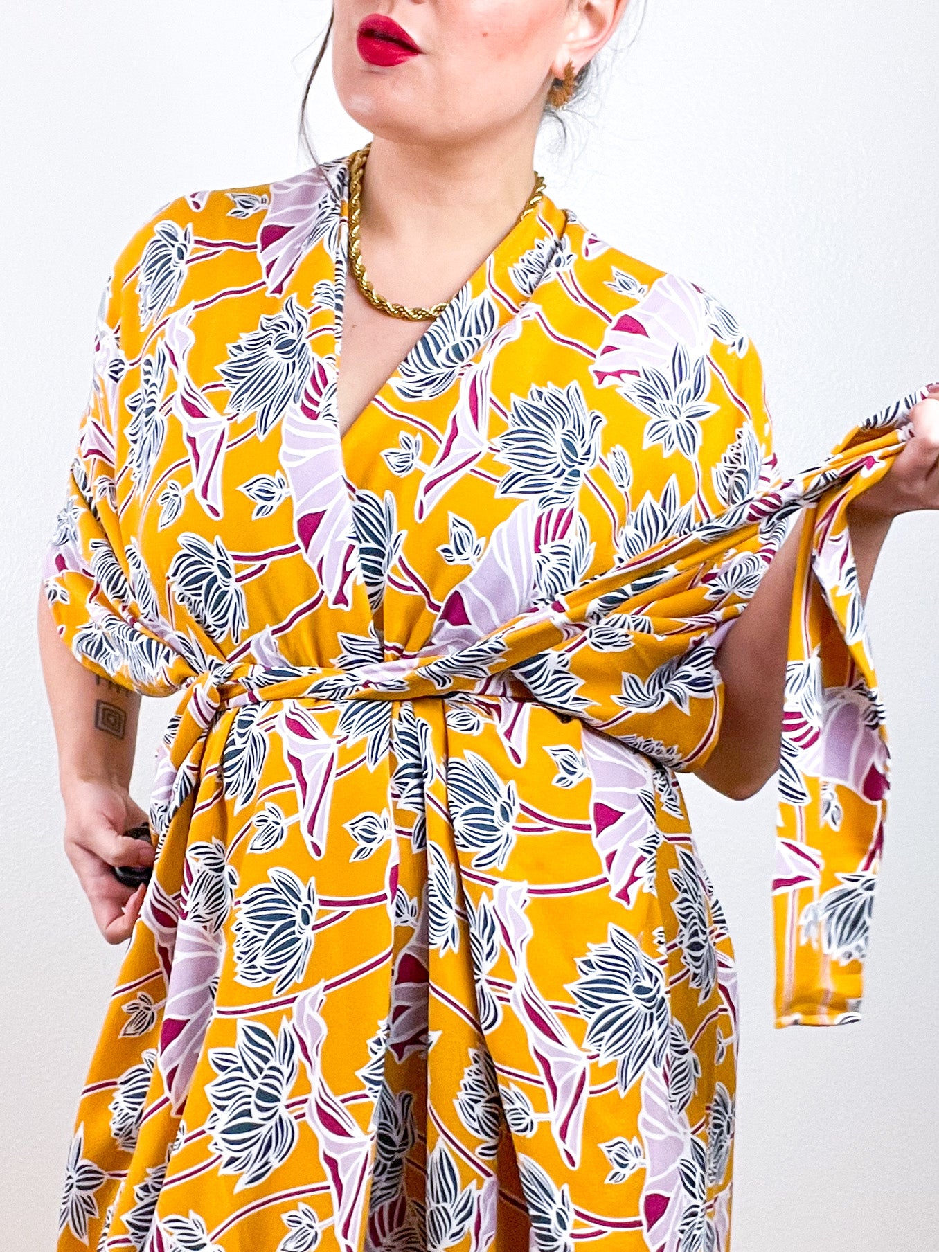 High Low Kimono Marigold Lotus Rayon Crepe