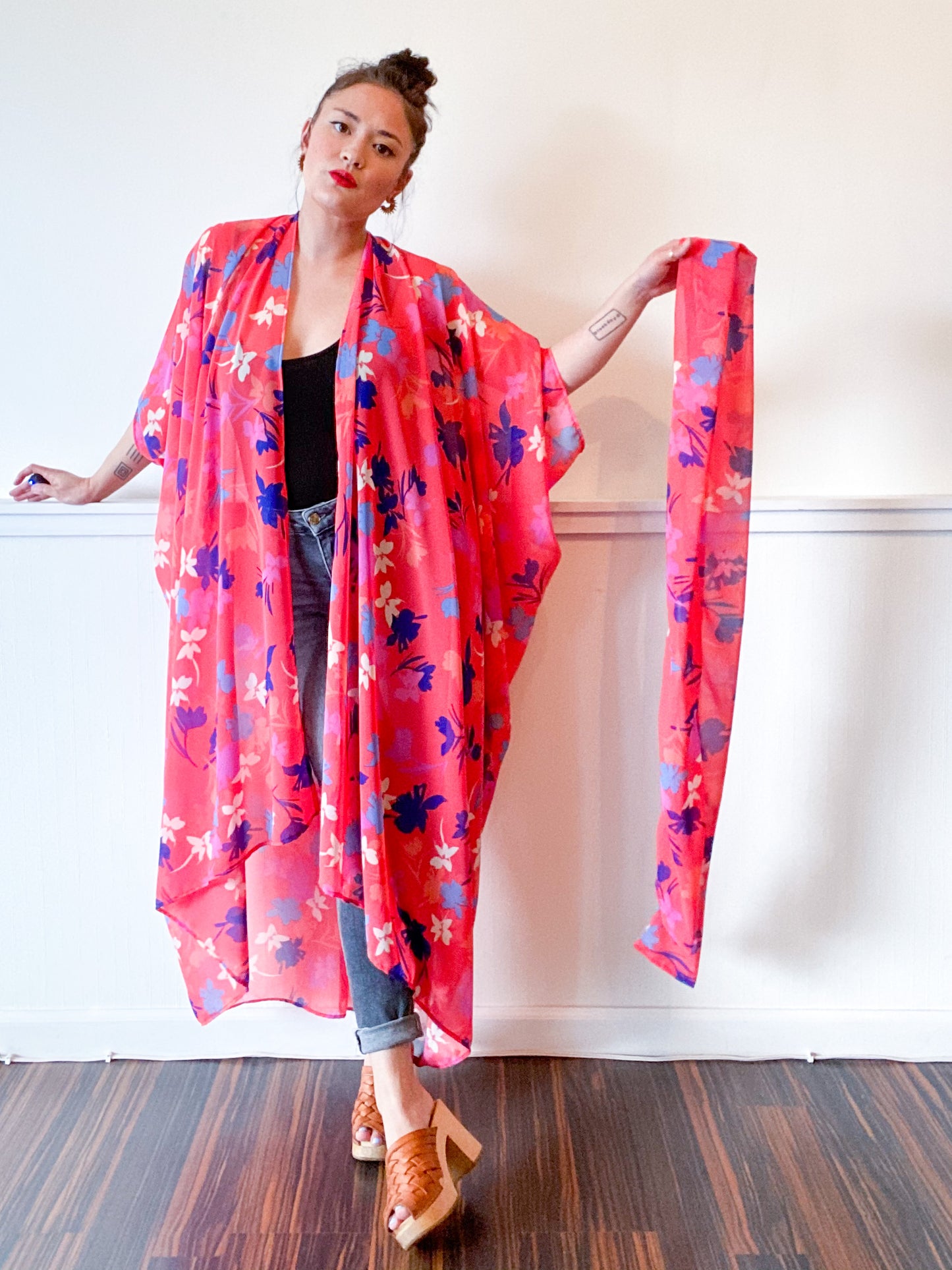Print High Low Kimono Coral Floral Chiffon