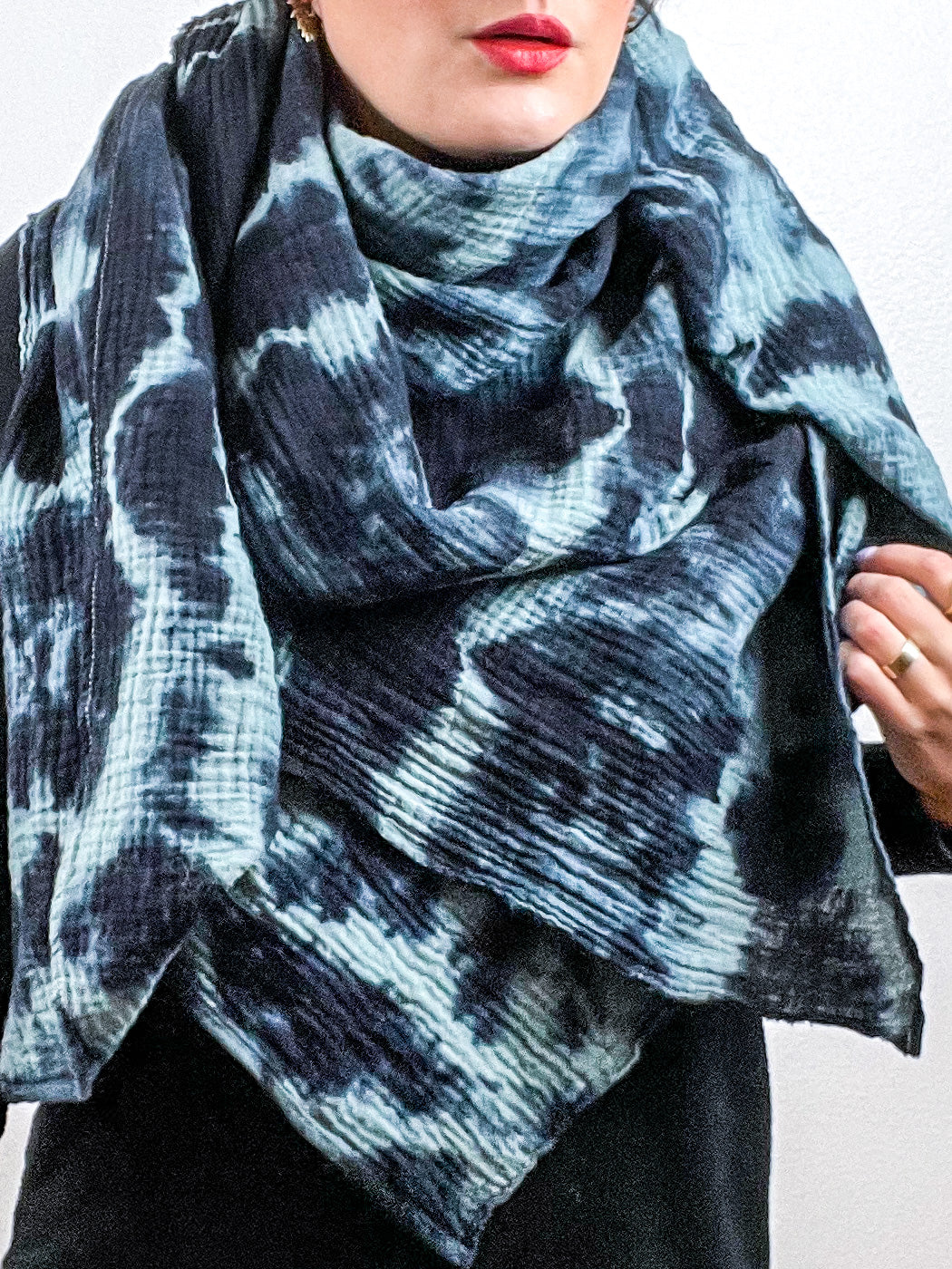 Hand-Dyed Cotton Blanket Scarf Sage Black Lines