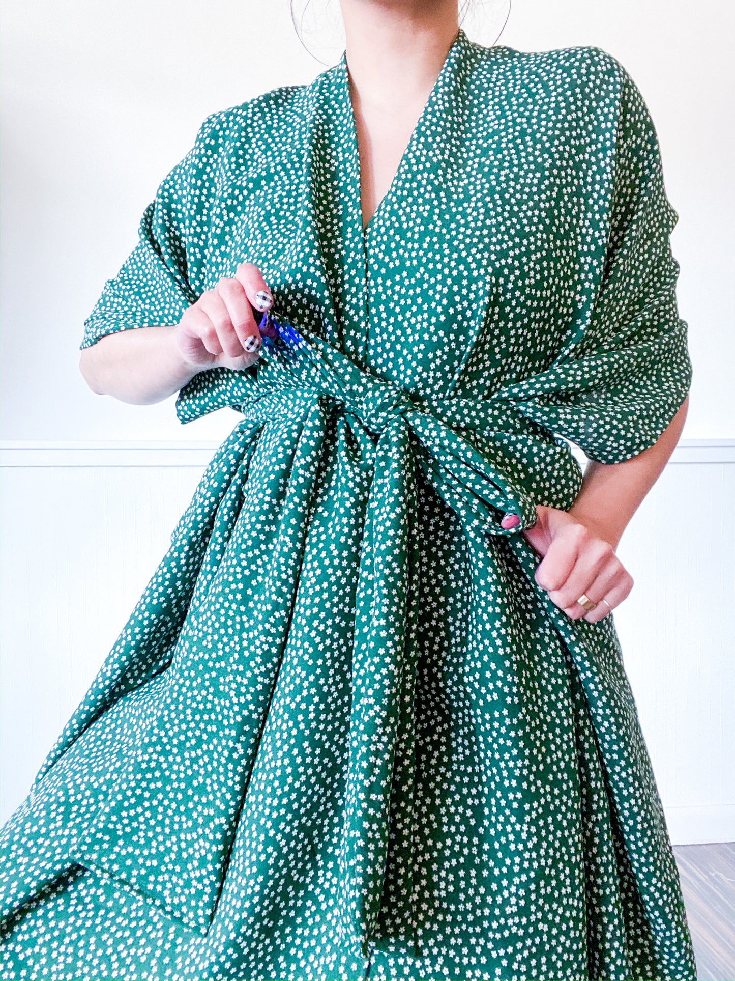 Print High Low Kimono Hunter Green Mini Floral
