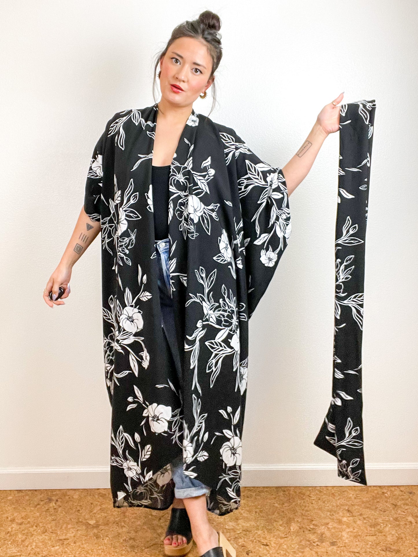 High Low Kimono Black White Floral Rayon Challis