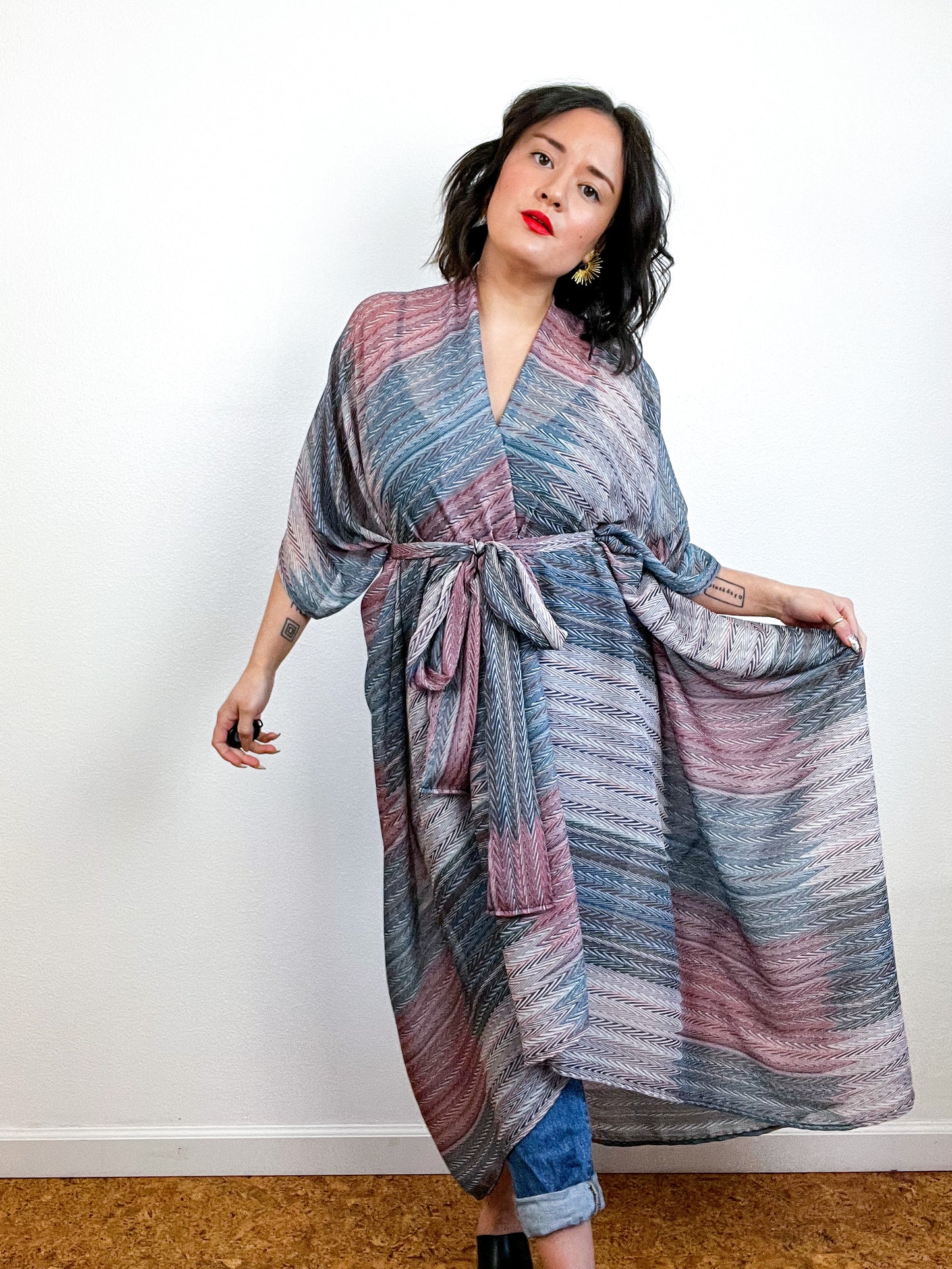 Print High Low Kimono Multi Herringbone Chiffon