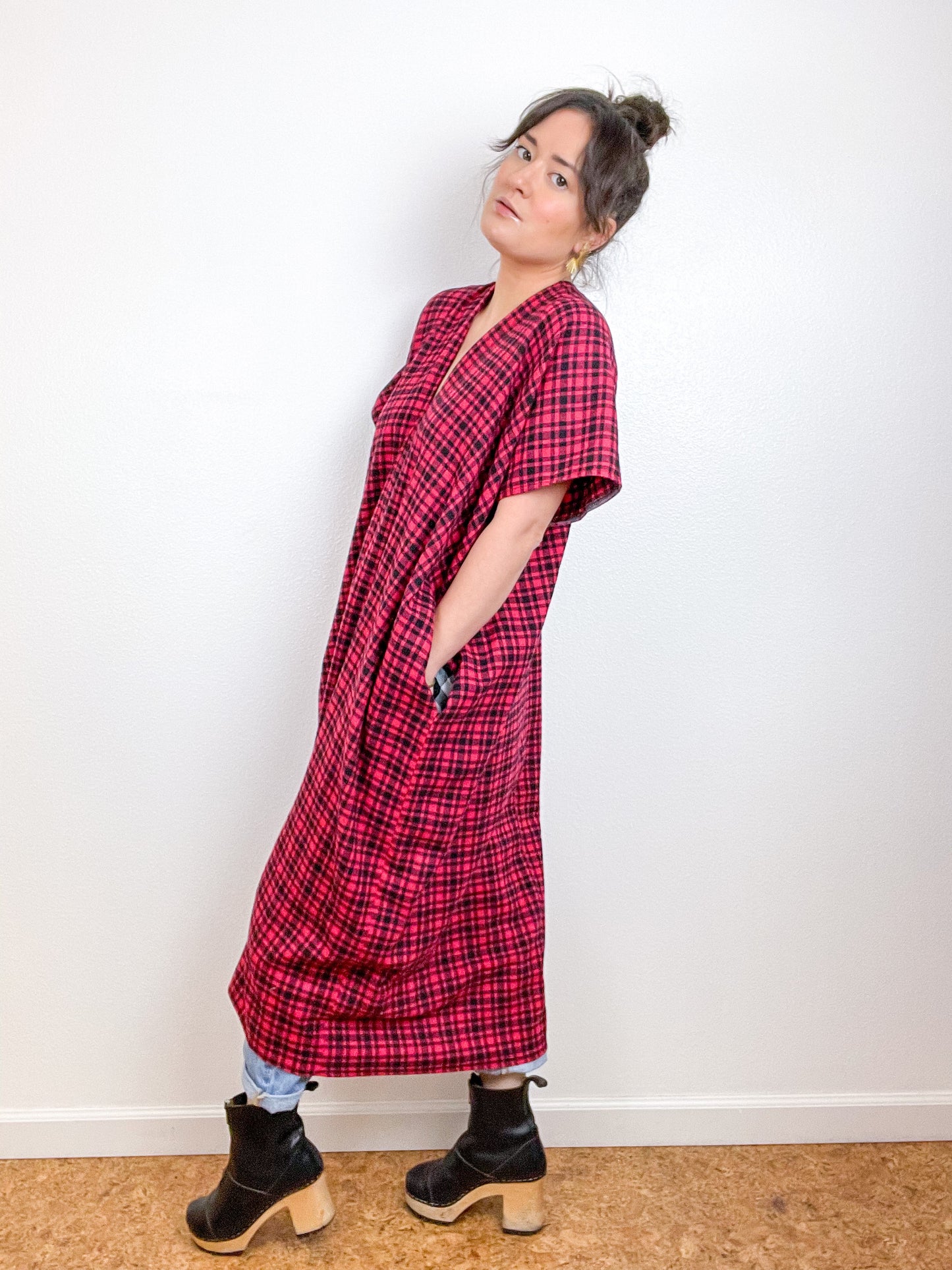 Plaid Flannel Smock Dress Red Black