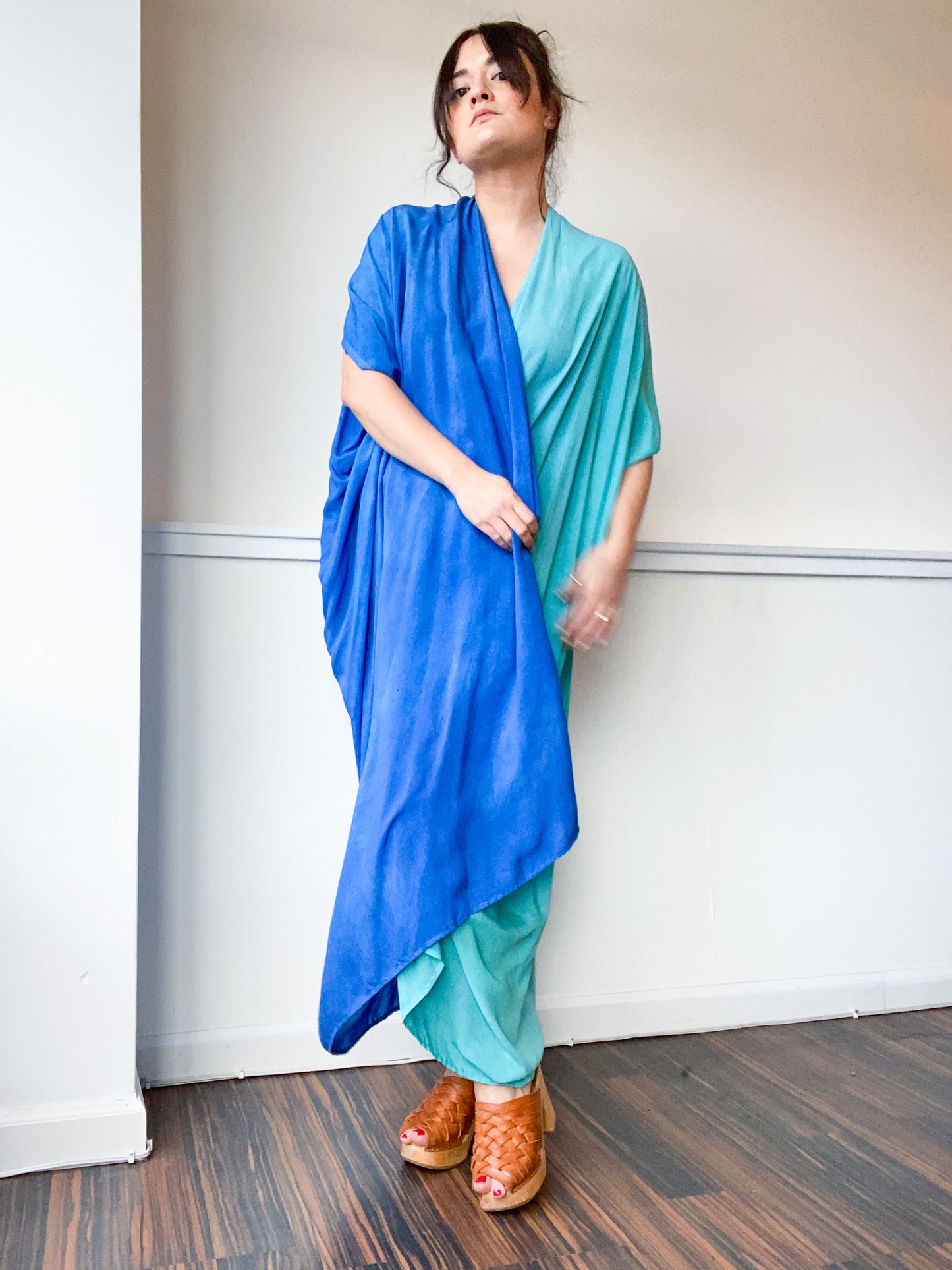 Hand-Dyed High Low Long Kimono 2-Tone Aqua Blue