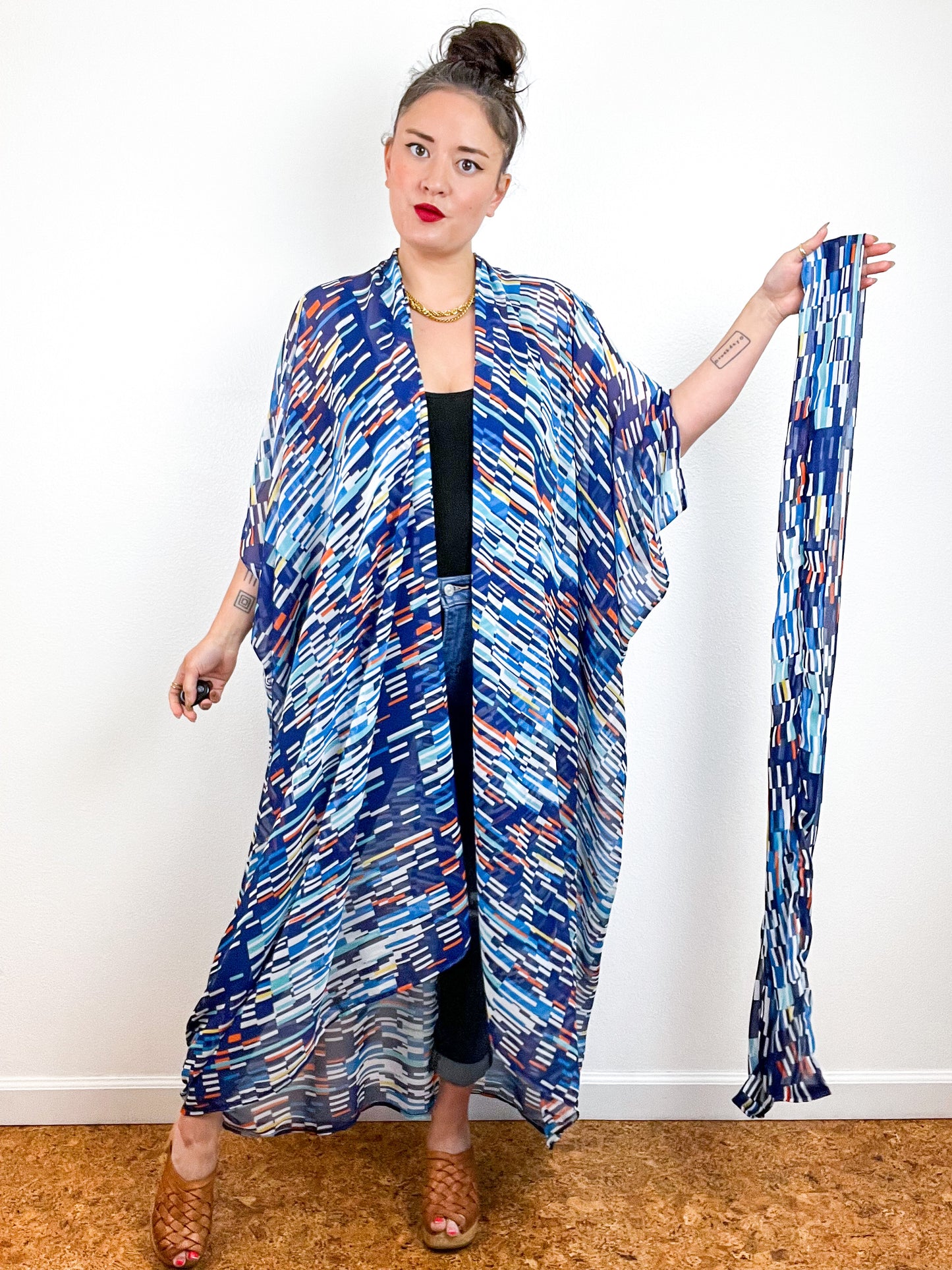 Print High Low Kimono Blue Orange Lines Chiffon