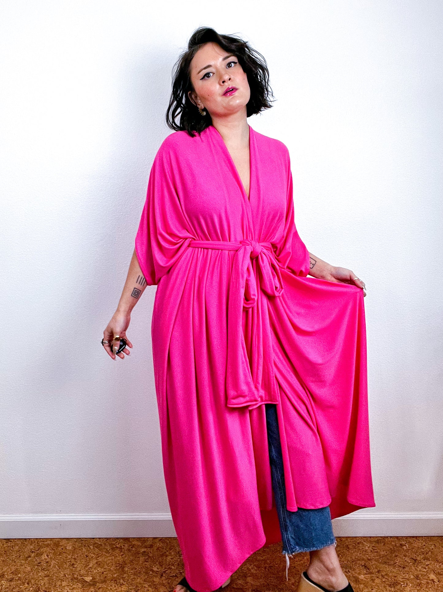 Solid High Low Kimono Neon Pink Knit