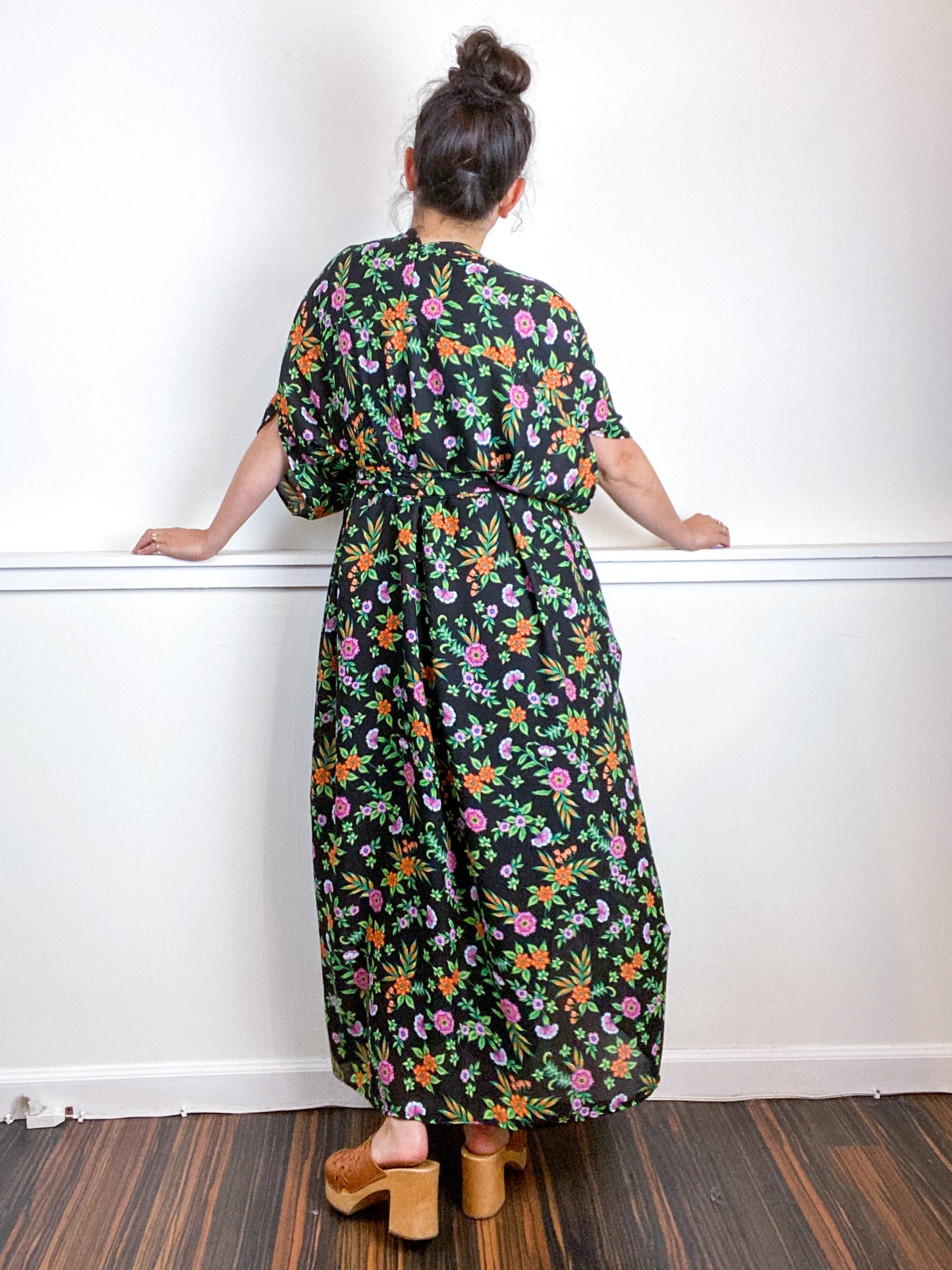 Print High Low Kimono Black Green Floral Georgette