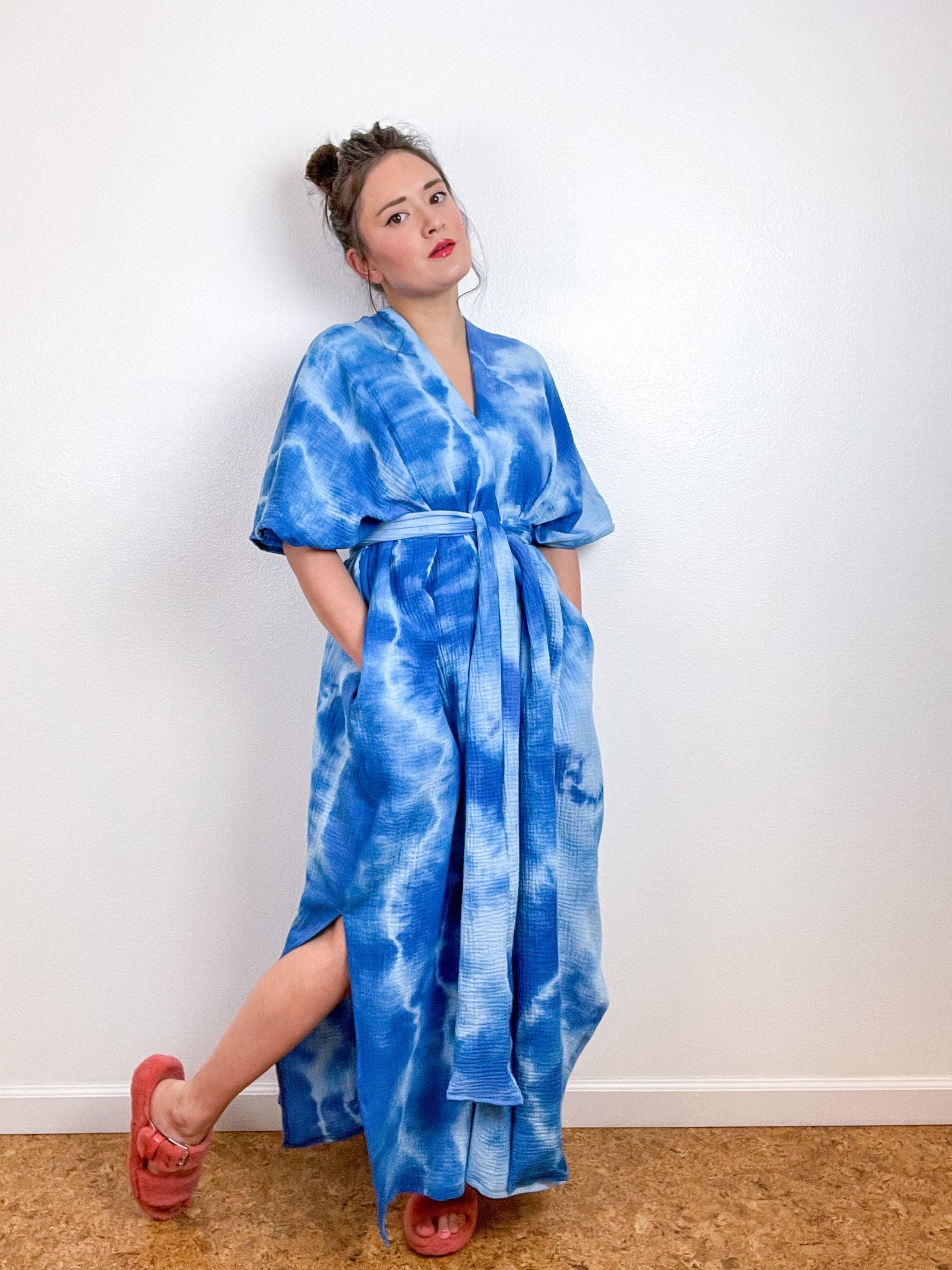 Double Gauze Duster Kimono Cerulean Tie