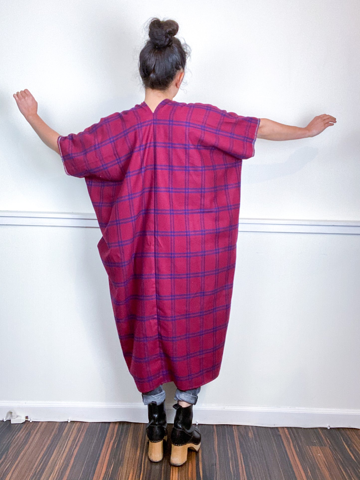 Plaid Smock Dress Maroon Navy Midi