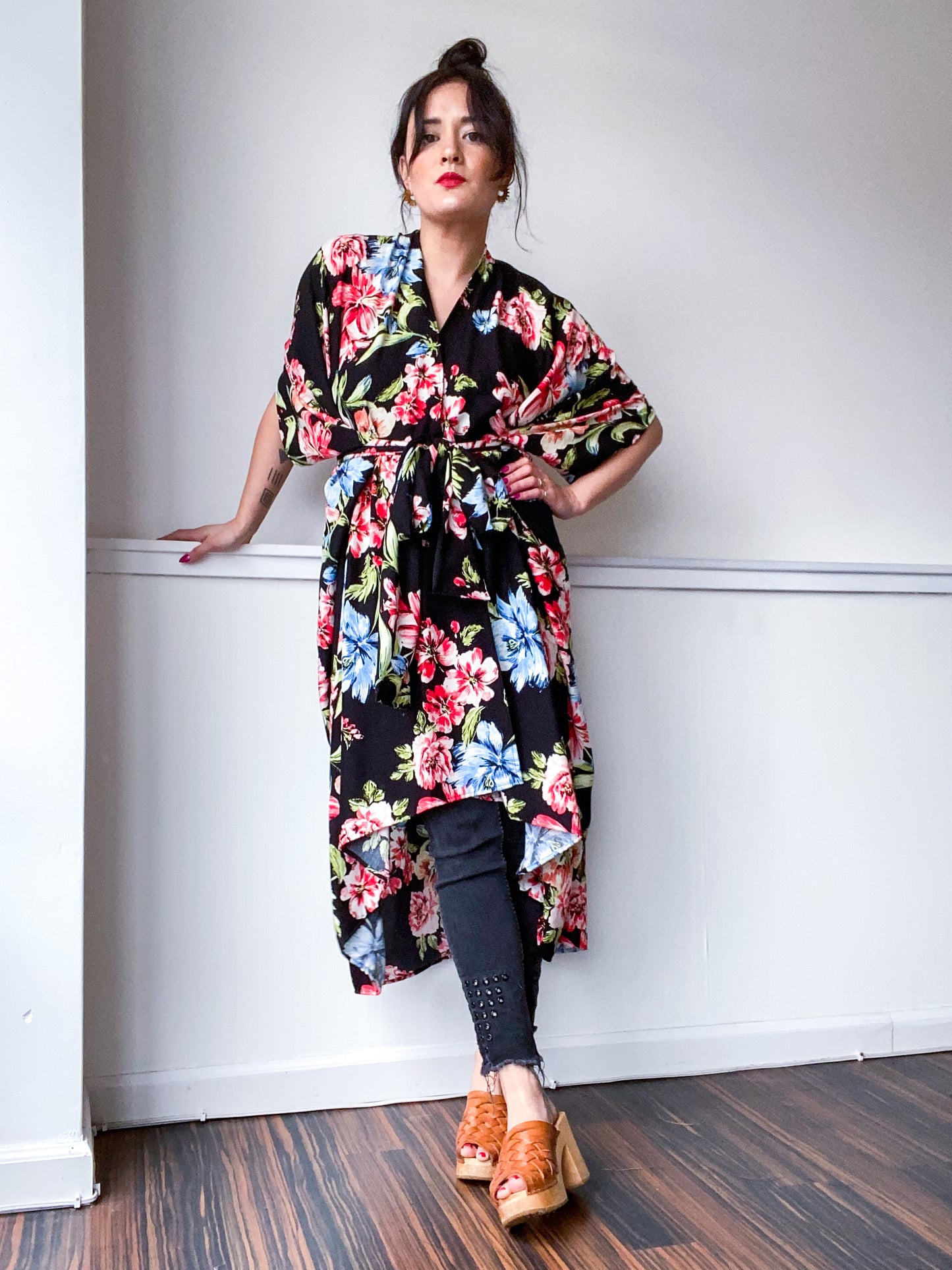 Print High Low Kimono Tropical Lily Floral