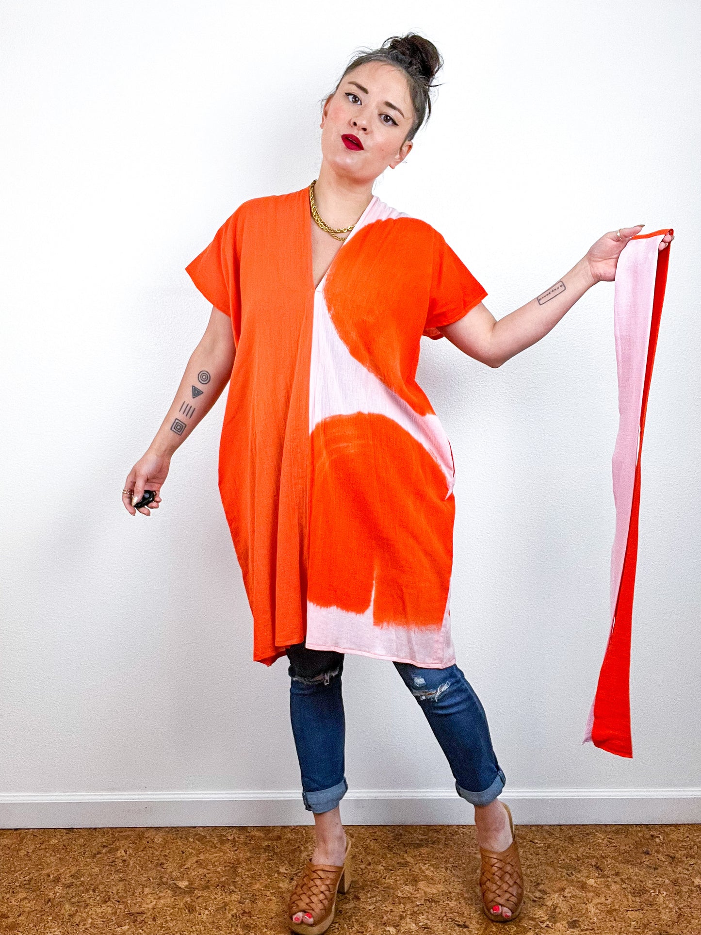 Single Gauze Mini Caftan Dress Blush Tangerine Brushstrokes