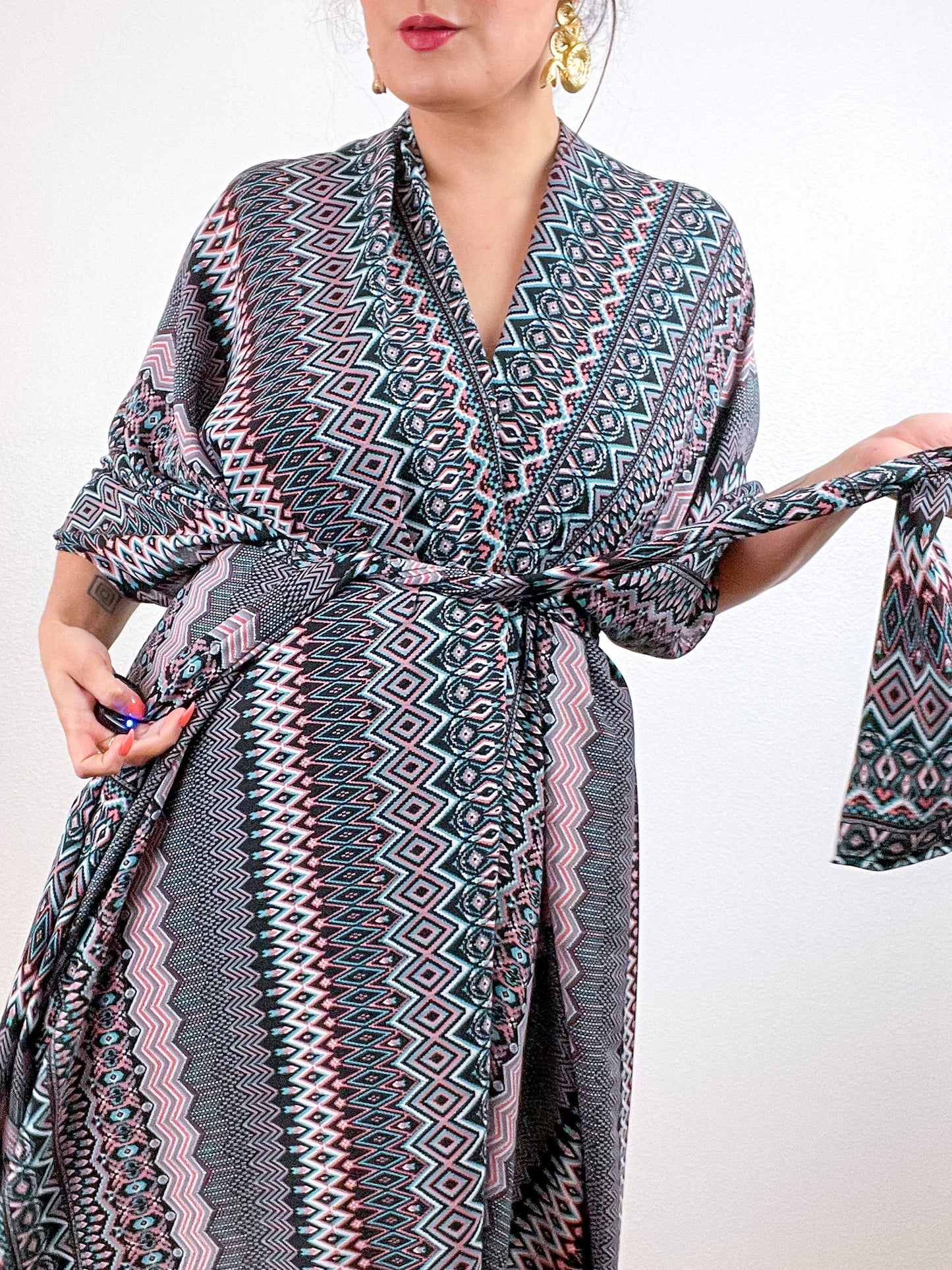 Print High Low Kimono Peach Black Ziggy Crepe