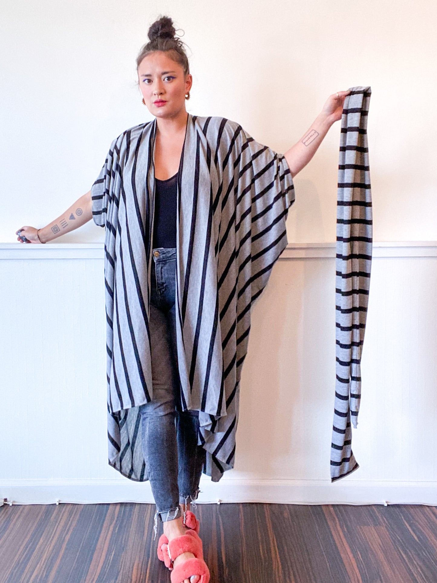 Print High Low Kimono Grey Black Stripe Knit