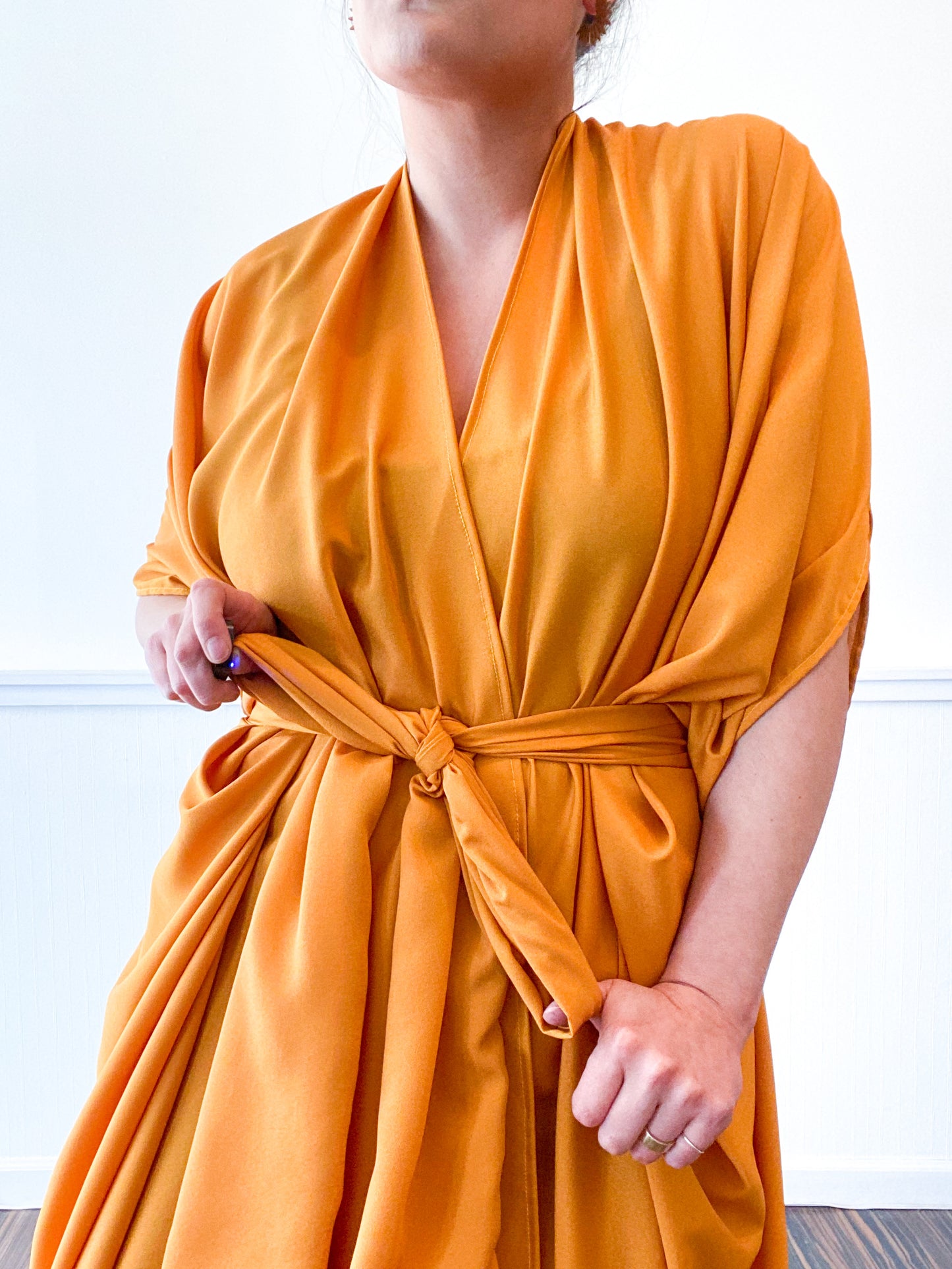 Print High Low Kimono Solid Marigold Crepe de Chine