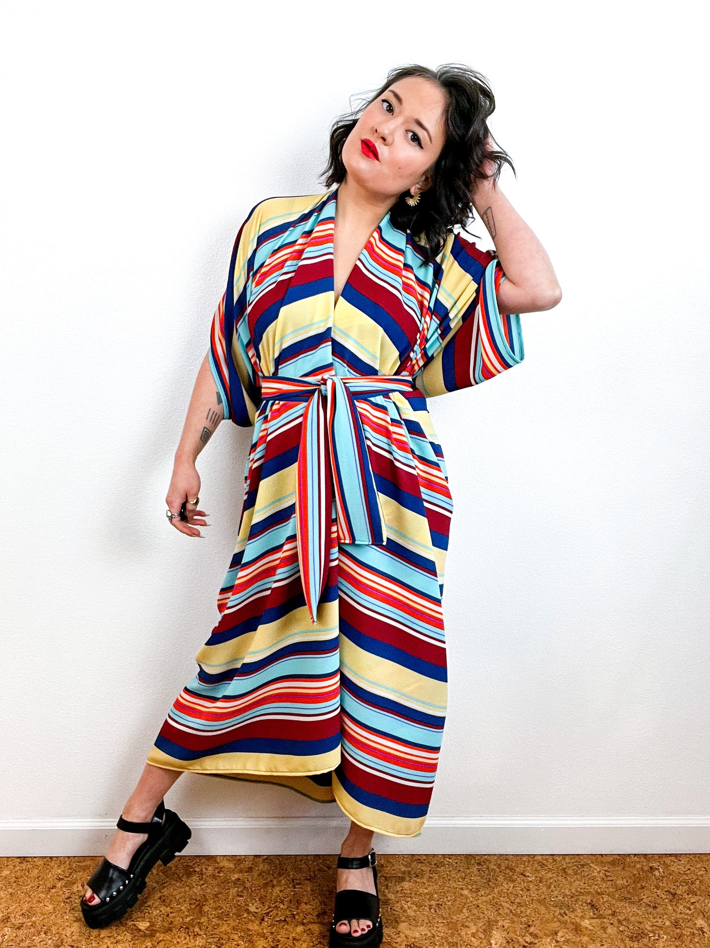 Print High Low Kimono Aqua Orange Yellow Stripe Bubble Crepe