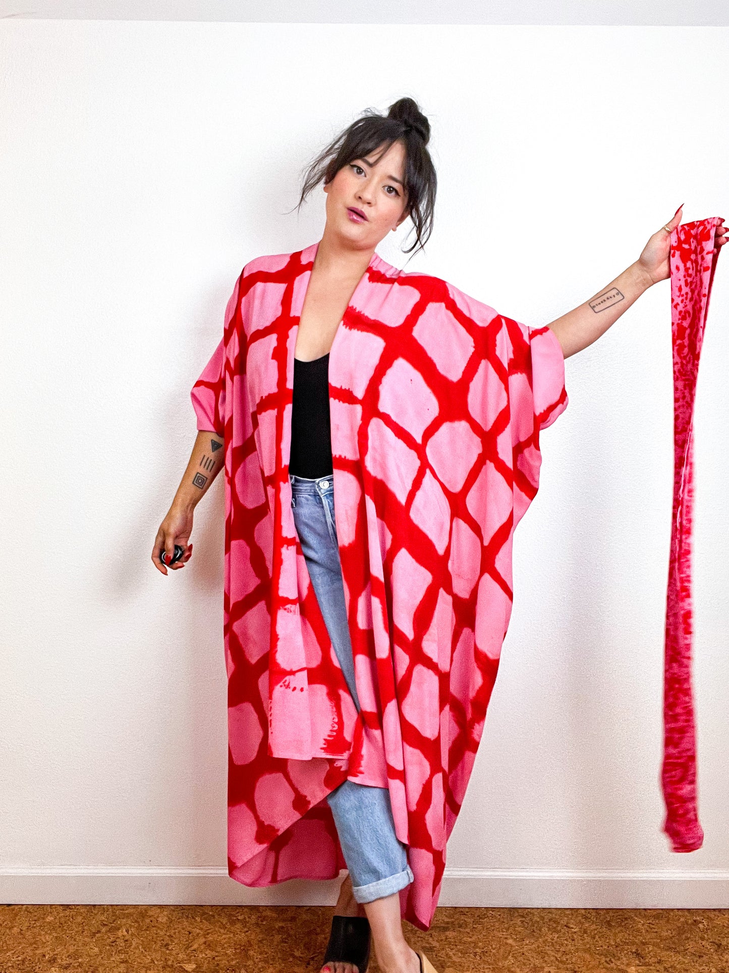 Hand-Dyed High Low Kimono Pink Scarlet Windowpane