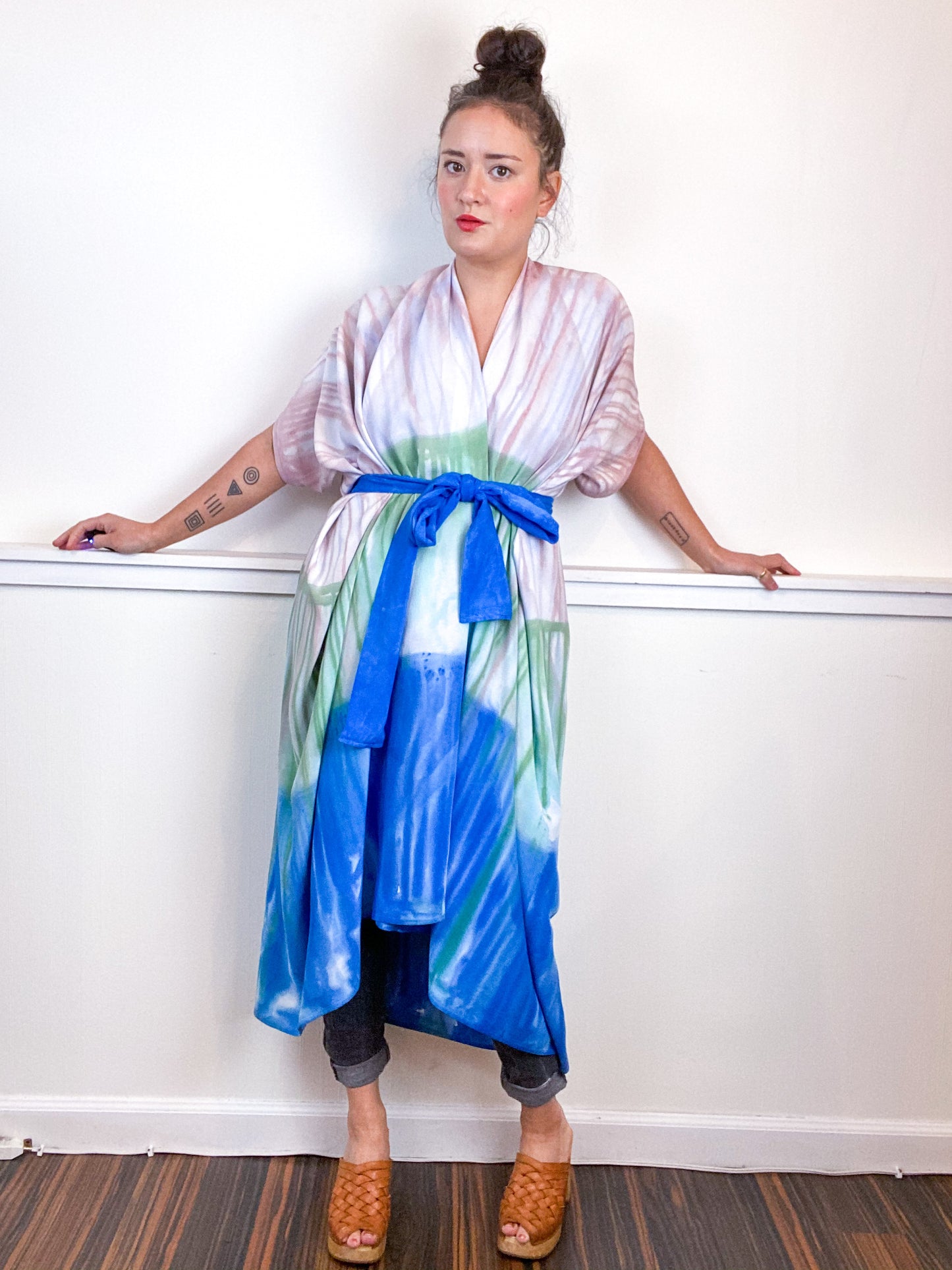 OOAK Hand-Dyed High Low Kimono Wisteria Sky Pink Sea