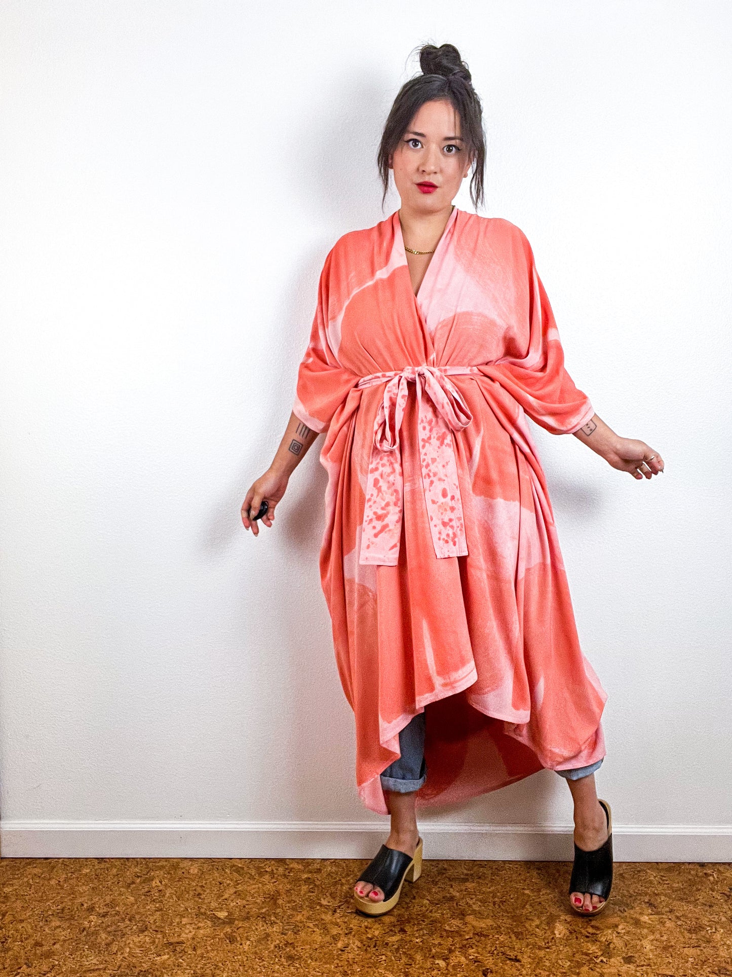 Hand-Dyed High Low Kimono Peach Coral Brushstroke