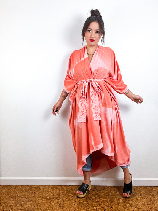 Hand-Dyed High Low Kimono Peach Coral Brushstroke