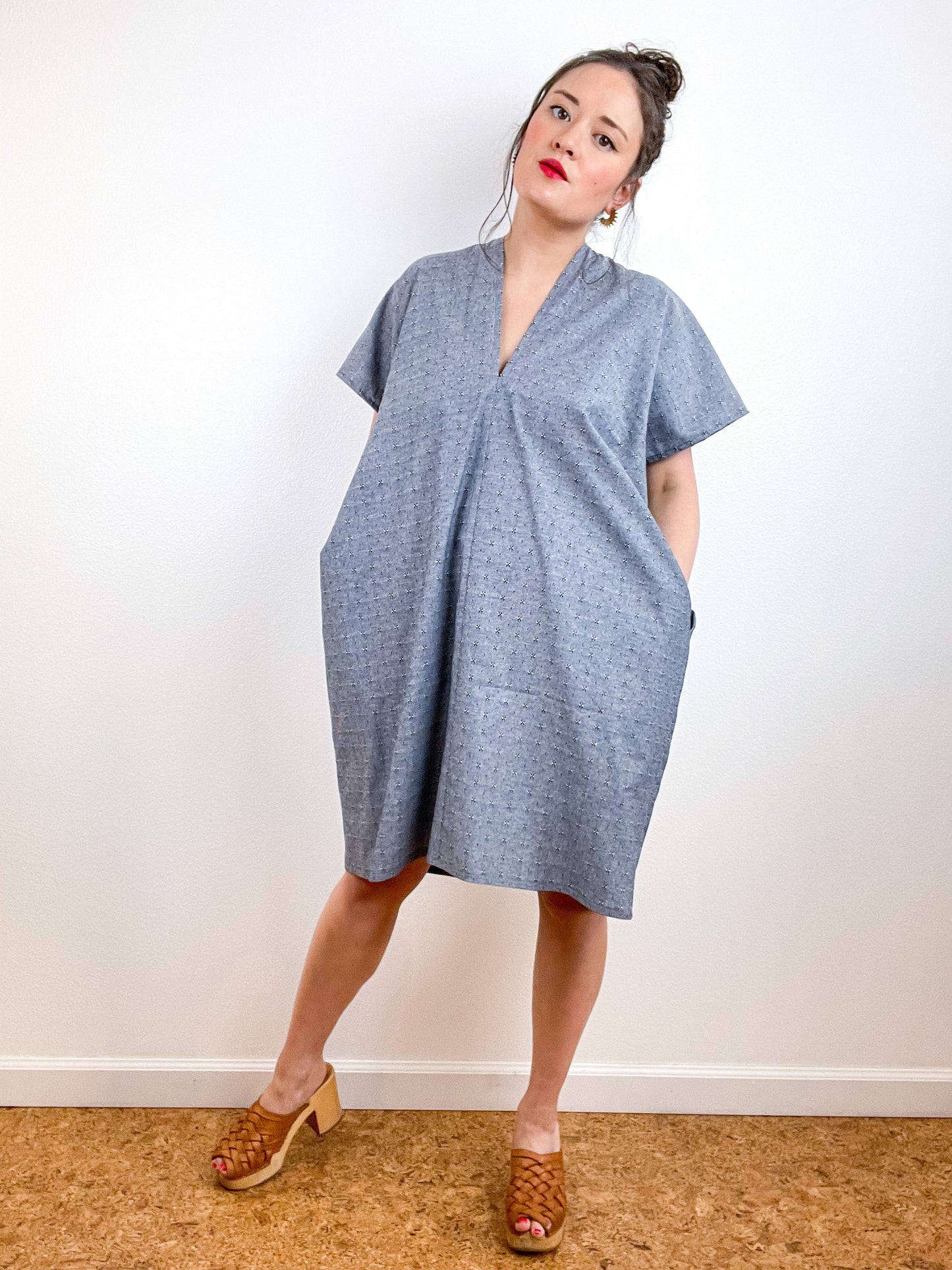 Chambray Smock Dress Grey Embroidered
