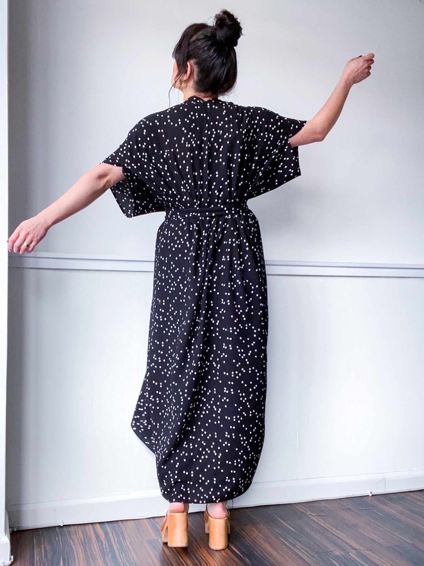 Print High Low Kimono Black Mini Polka Dot