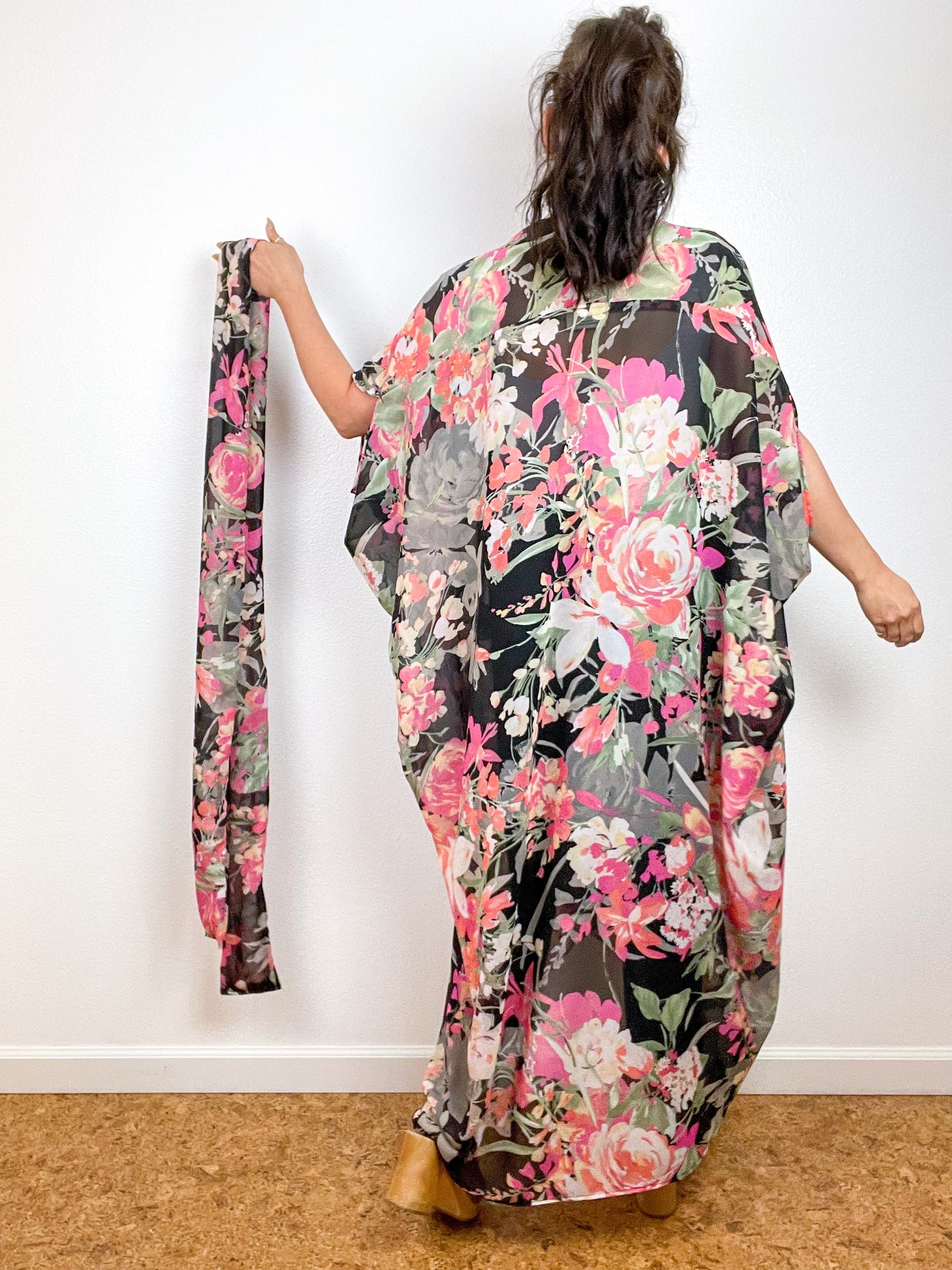 Print High Low Kimono Black Peach Floral Chiffon