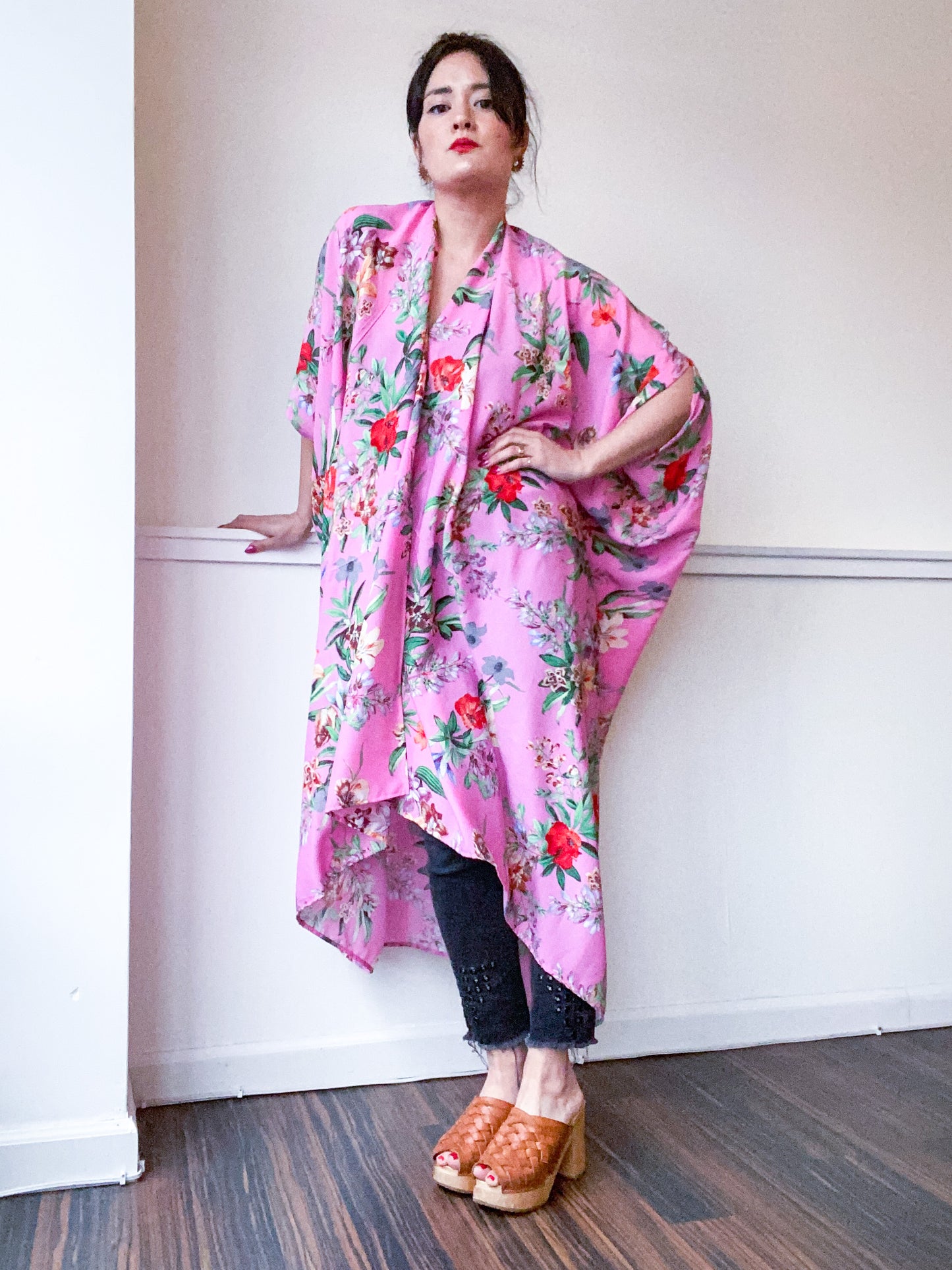 Print High Low Kimono Pink Tropical