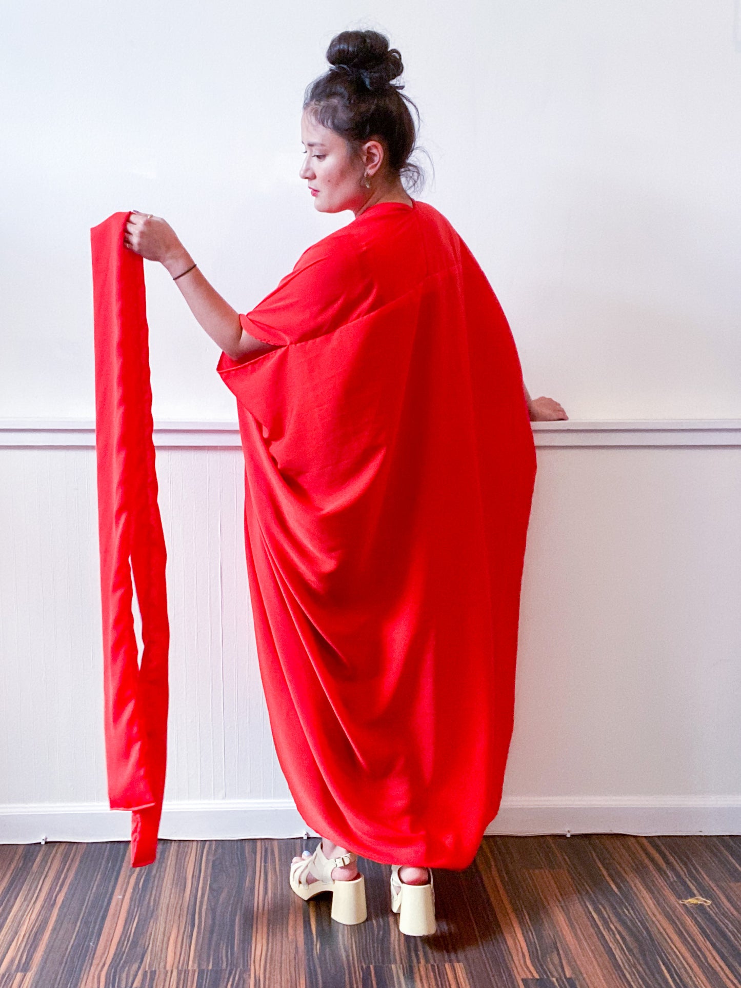 Solid High Low Kimono Scarlet Crepe de Chine