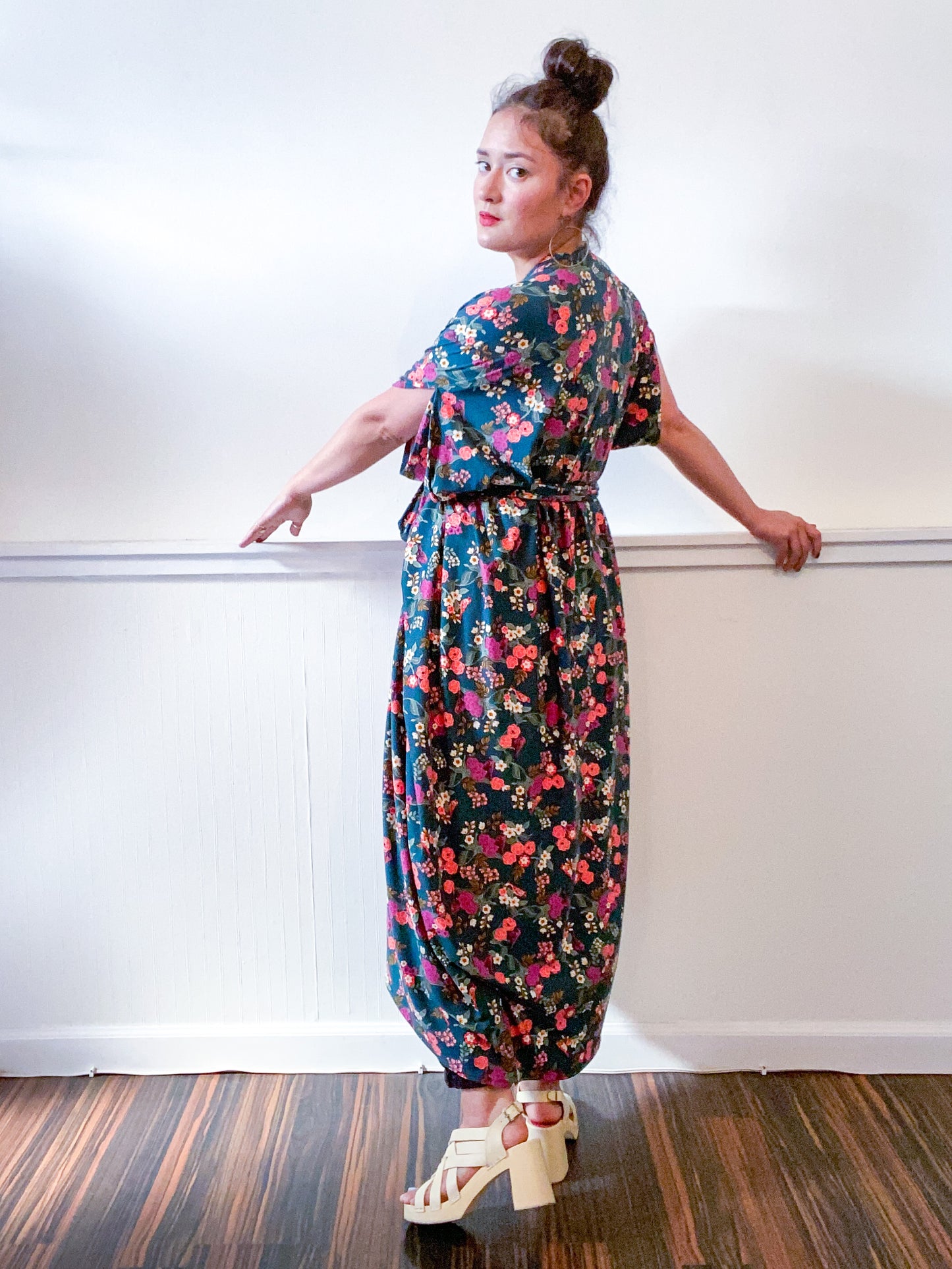 Print High Low Kimono Forest Green Mini Floral Knit