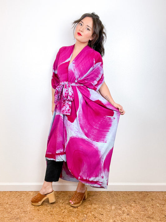 Hand-Dyed High Low Kimono Blue Amethyst Brushstroke