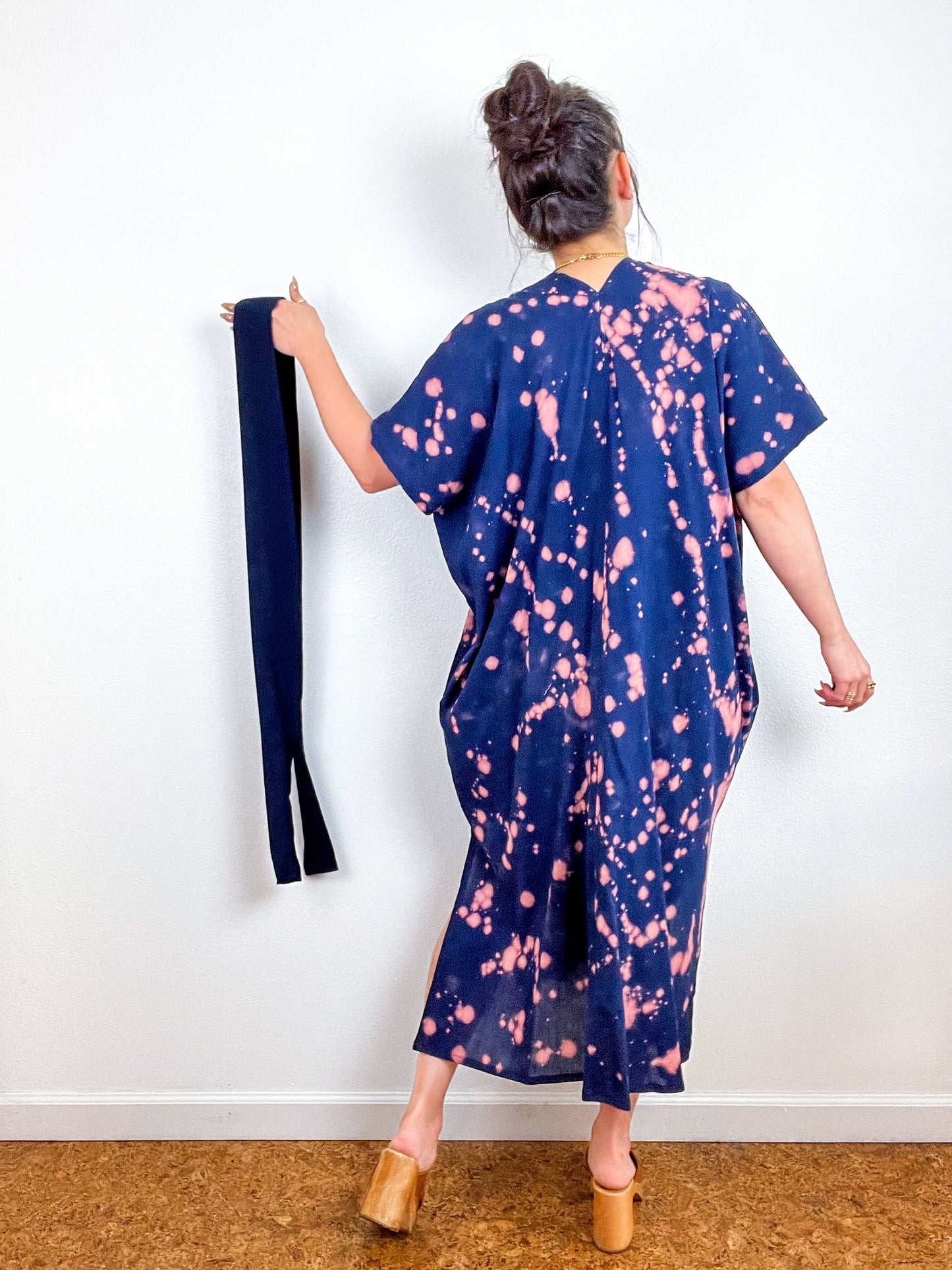 Single Gauze Midi Caftan Dress Navy Peach Speckle