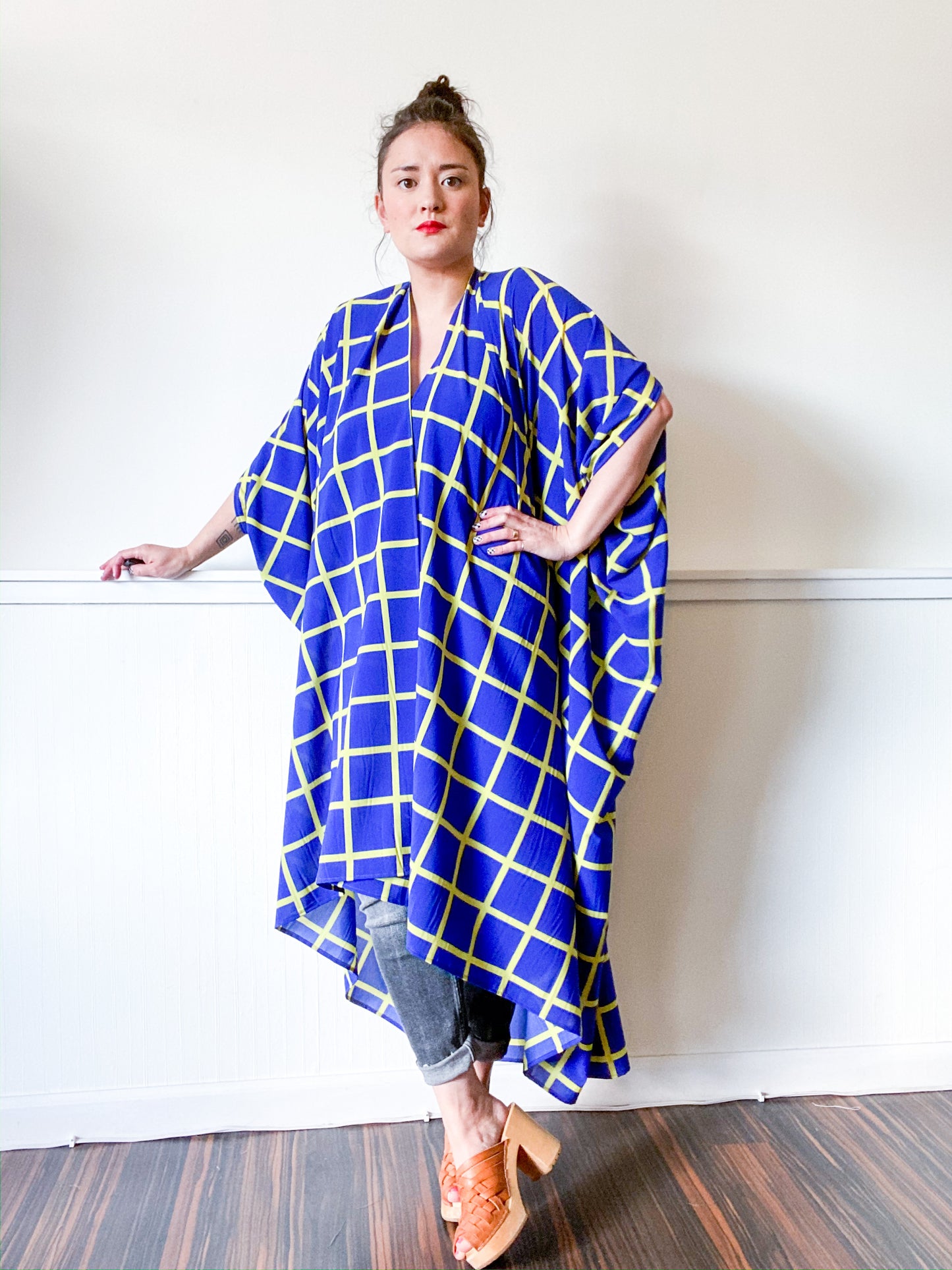 Print High Low Kimono Royal Blue Citron Windowpane Slinky