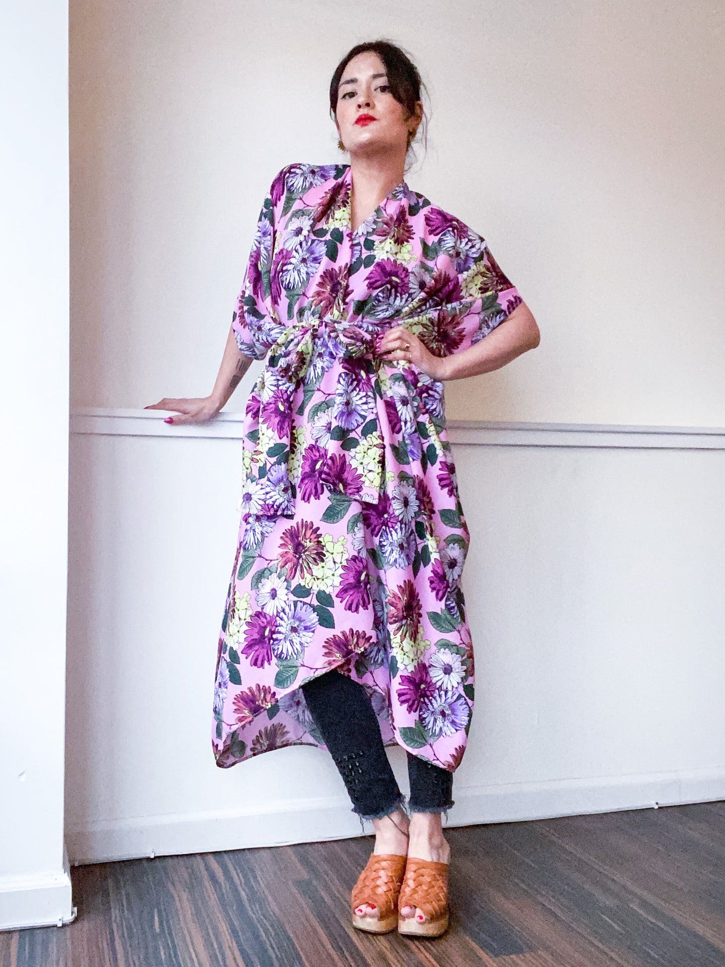 Print High Low Kimono Pink Daisy Floral