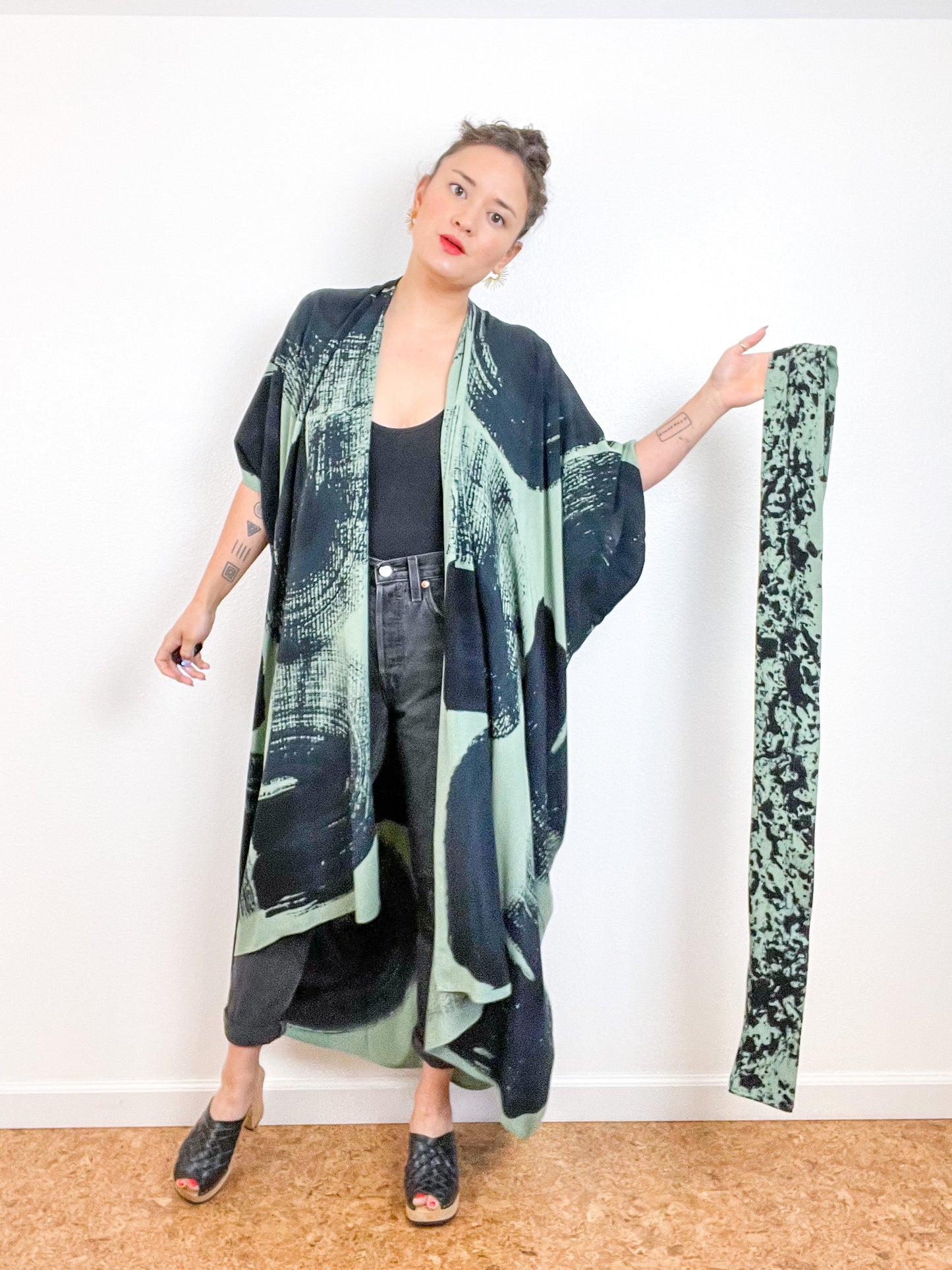 Hand-Dyed High Low Kimono Sage Black Brushstroke
