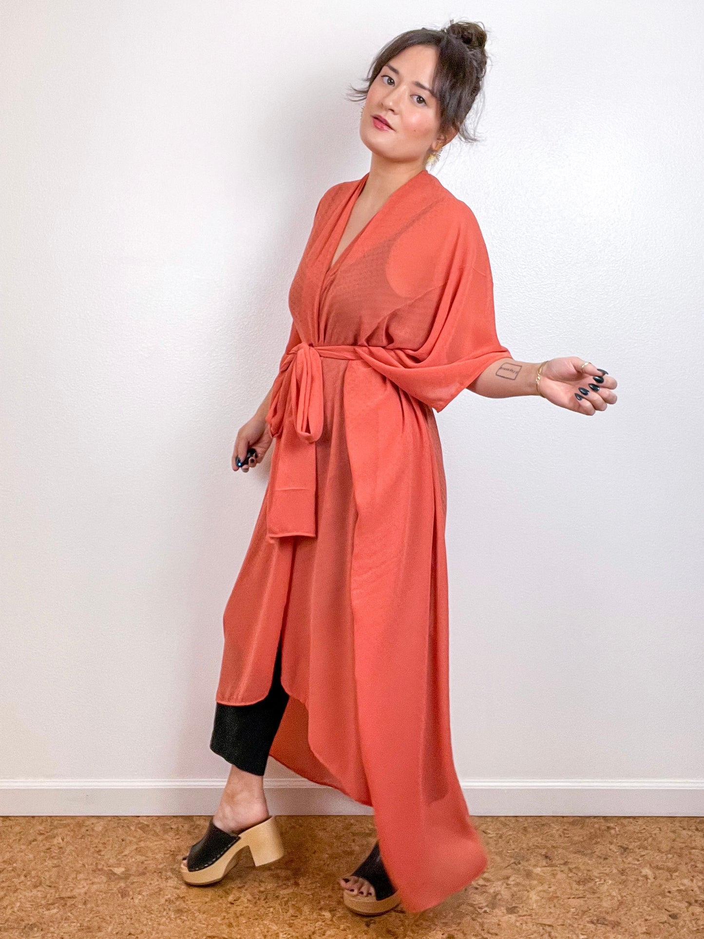 Solid High Low Kimono Orange Dots Chiffon